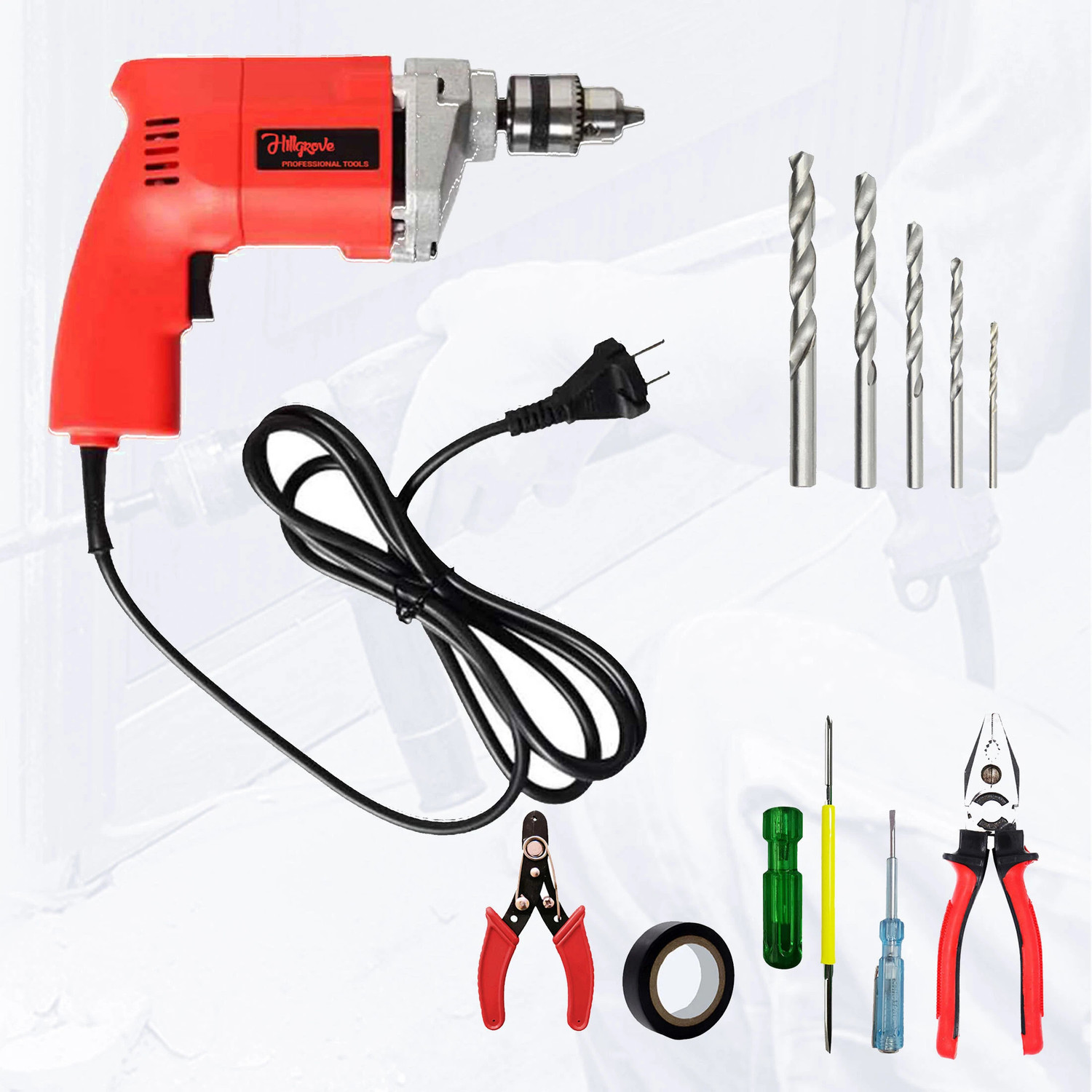 Image of Hillgrove HGCM1117M2 500W Drill Machine with 5Pcs Hand Tool Kit, 5Pcs HSS Drill Bits for Making Holes in Metal /Wood /Concrete Pistol Grip Drill NDM169 Pistol Grip Drill