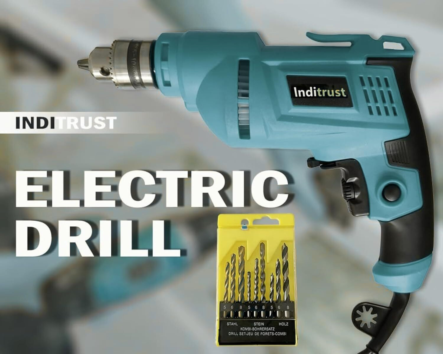 Image of Inditrust New 500W 10mm drill machine 6Month warranty, 100% Copper Winding Forward /Reverse 10mm drill machine for Wood & Metal Work with Variable Speed, 9pc Drill bit set Pistol Grip Drill