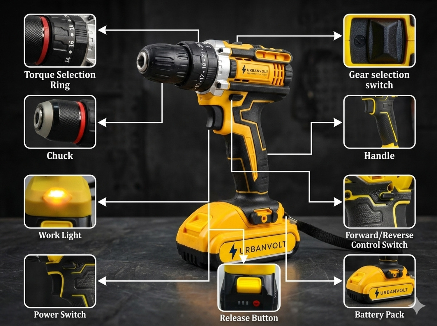 Image of UrbanVolt 21V Cordless Drill Heavy-Duty , Dual Speed, LED Light, Forward /Reverse, 1 Year Warranty Cordless Drill
