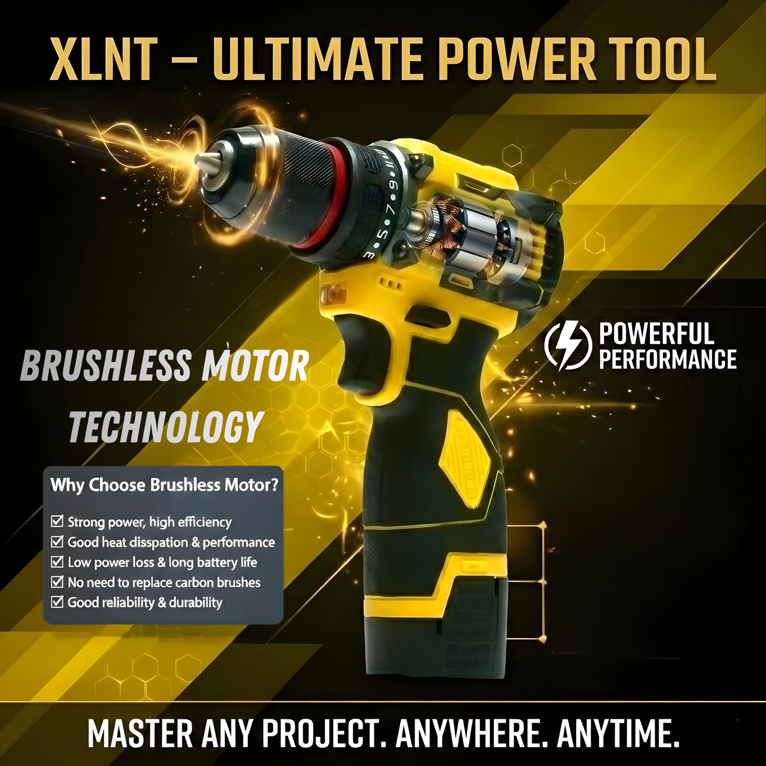 Image of XLNT 18V Brushless Cordless Drill Machine 18V Battery Fast Charger 0-1500 RPM | With Bits, Sockets & Case | LED Light Cordless Drill