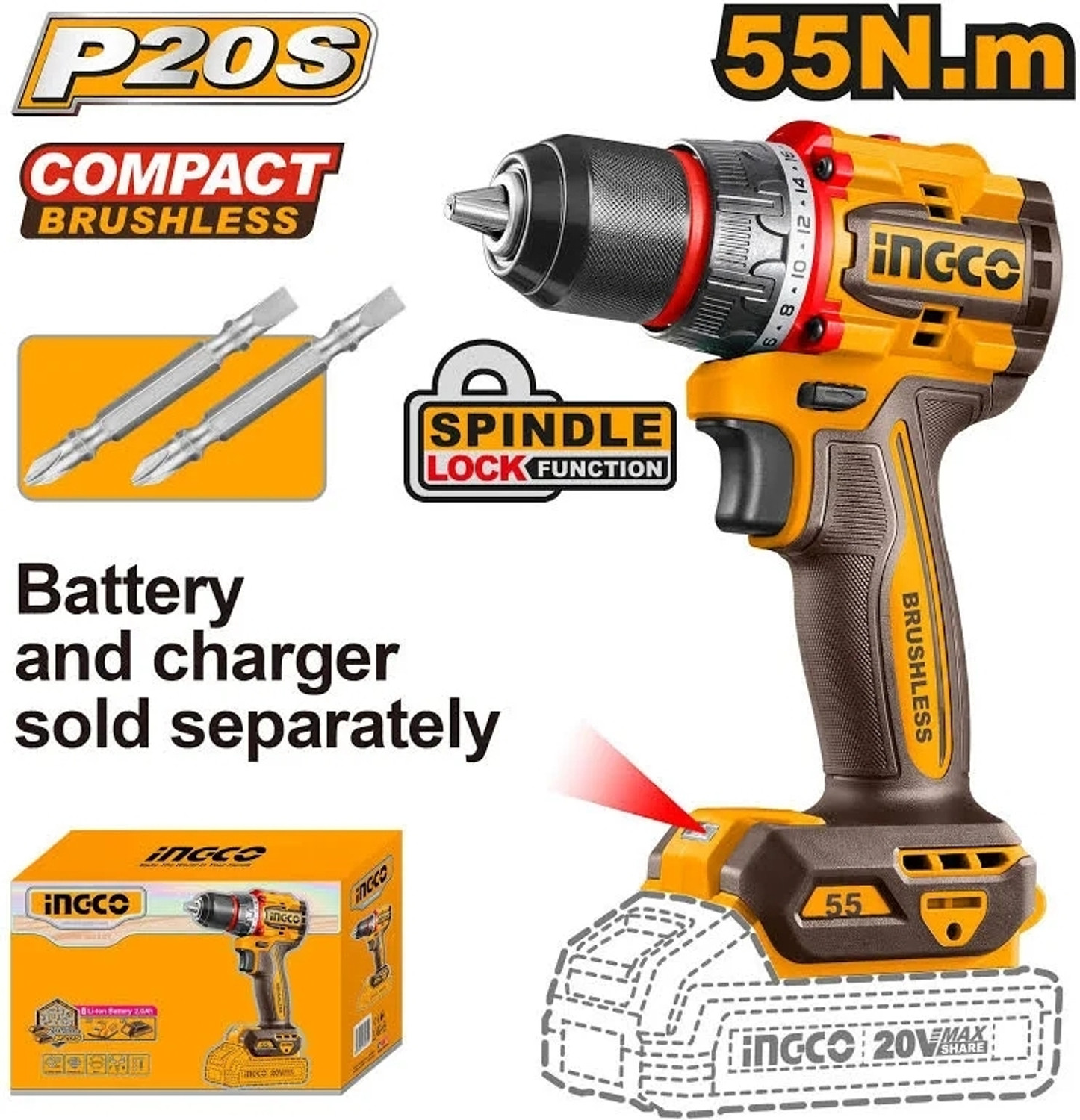Image of INGCO 13mm 20V Compact Brushless Cordless Metal Chuck Drill With Cr-V Bits 0-500 /0-2000 RPM without Battery and charger Cordless Drill
