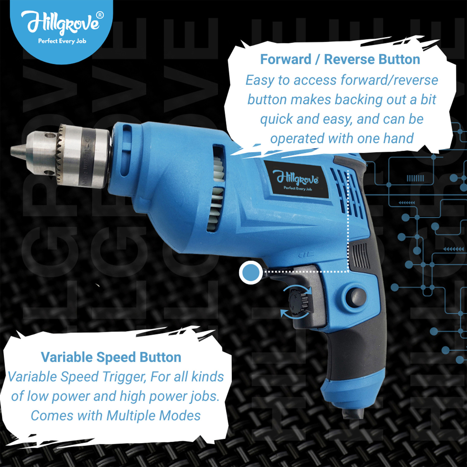 Image of Hillgrove HGCM1662M2 500W 10mm 100% Copper Winding Electric Mini Screw Drilling Wall Hole HGCM1662M2 Small Power Drill Machine Kit Set for Home Use with Reverse Function Pistol Grip Drill