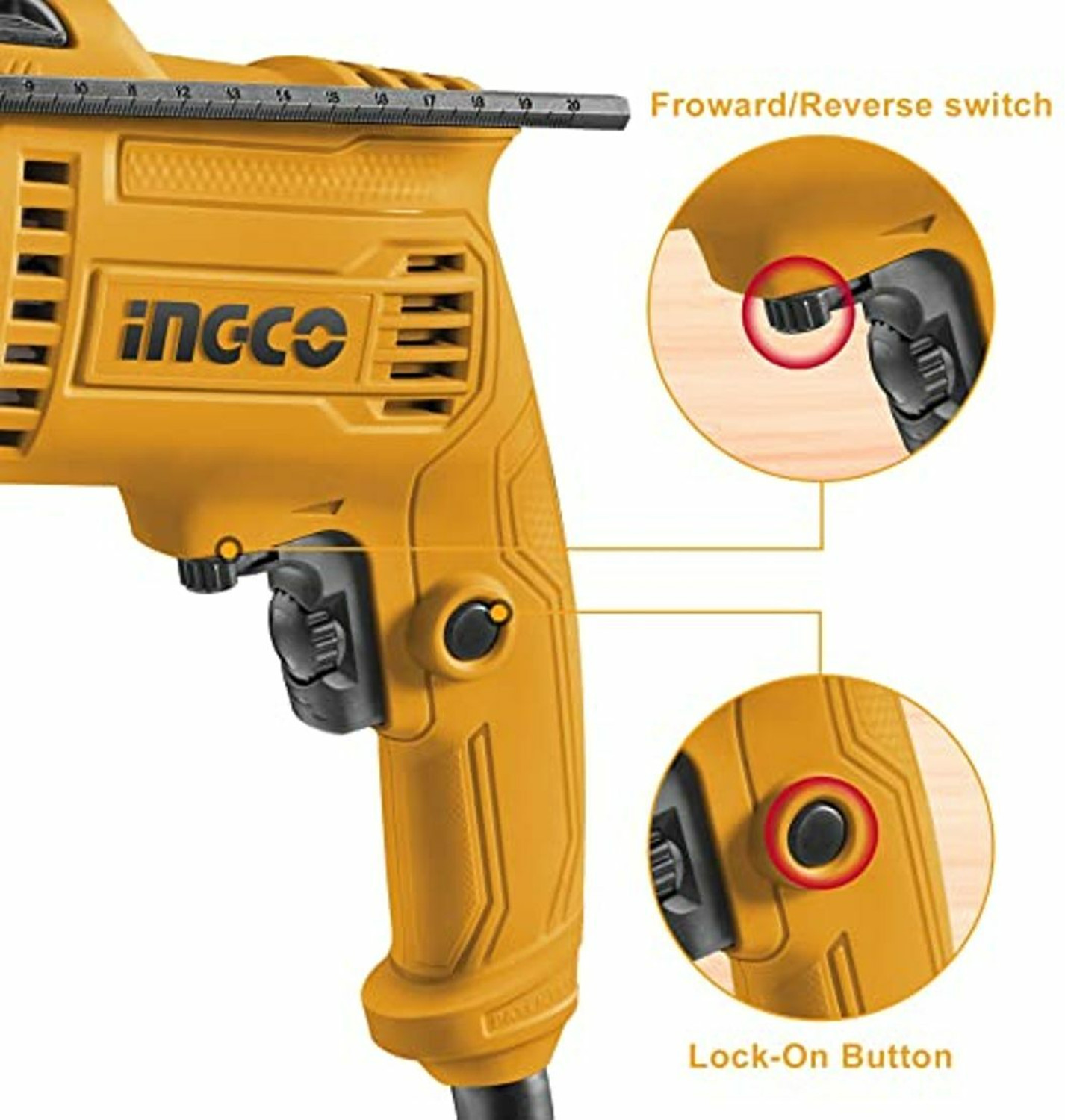Image of INGCO ImpactVariable Speed Hammer Drill ID6808 0-3000rpm Pistol Grip Drill