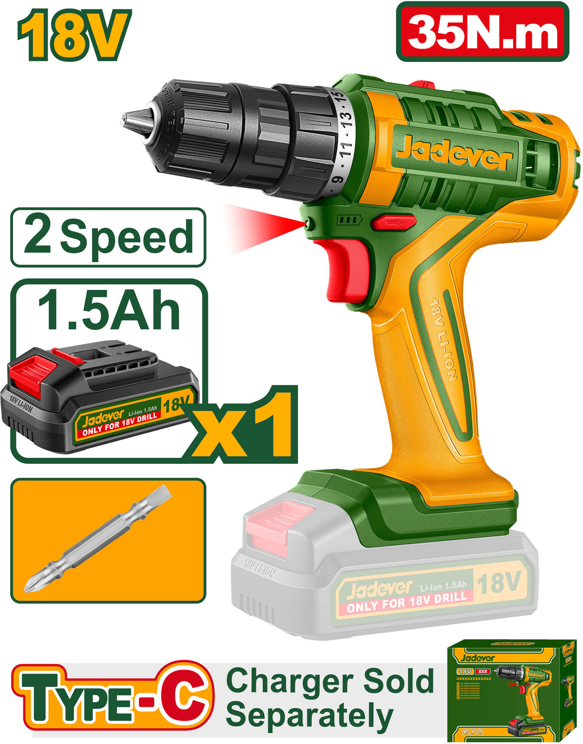 Image of JADEVER JADEVER 18V Cordless drill 35Nm JDCDP1825 JDCDP1825 Cordless Drill