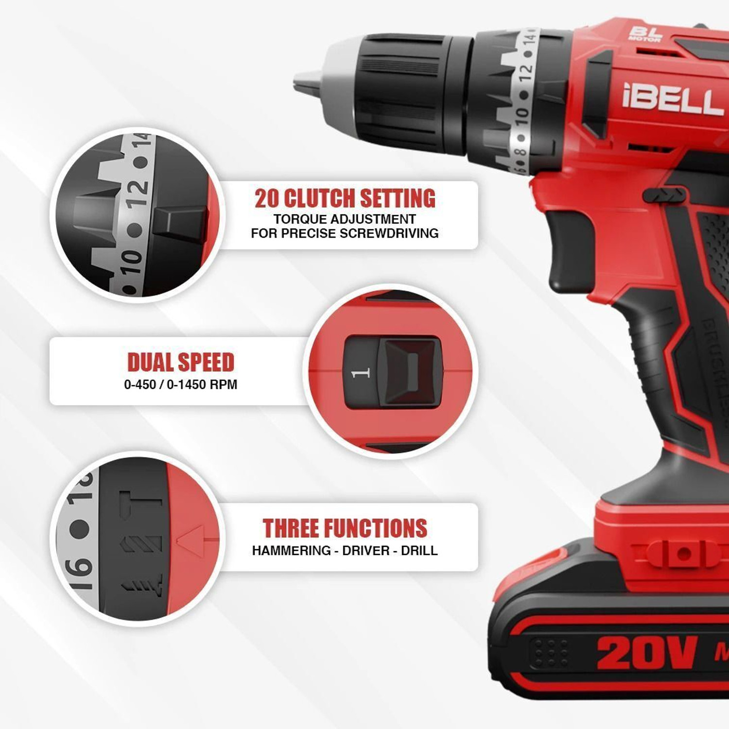 Image of iBELL Brushless Cordless Impact Driver Drill Bm18-60, 20V, 1450 Rpm, 40Nm Torque, Chuck 10 Mm,Li-Ion 1500Mah, 20 Level Torque, 3 Mode Selections With 2 Batteries, Cordless Drill