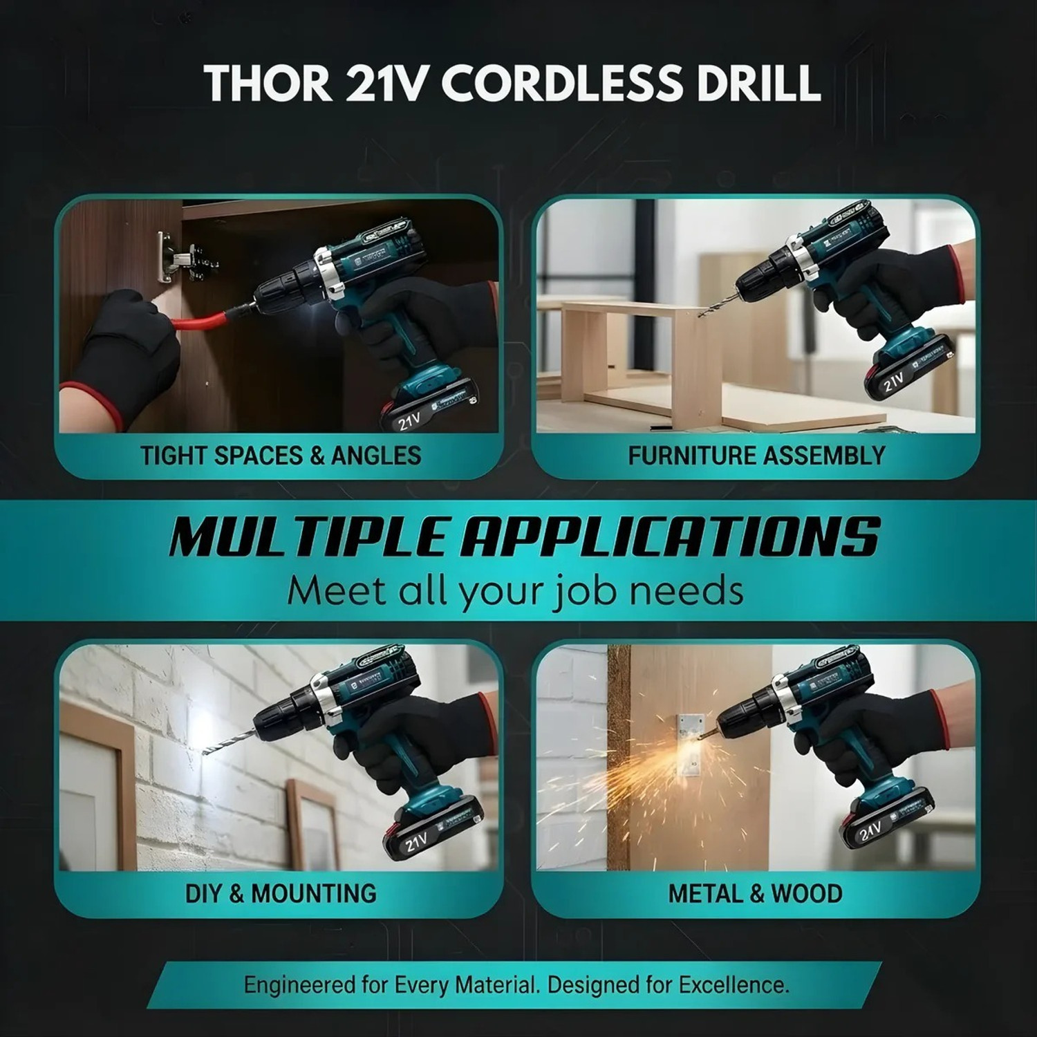 Image of NTH THOR 21V Cordless Drill Machine Kit with 10mm Chuck,350-1350 RPM Variable Speed, 2X21v Batteries With 25Pcs of Accessories for Home, DIY, Furniture Assembly, Cordless Drill