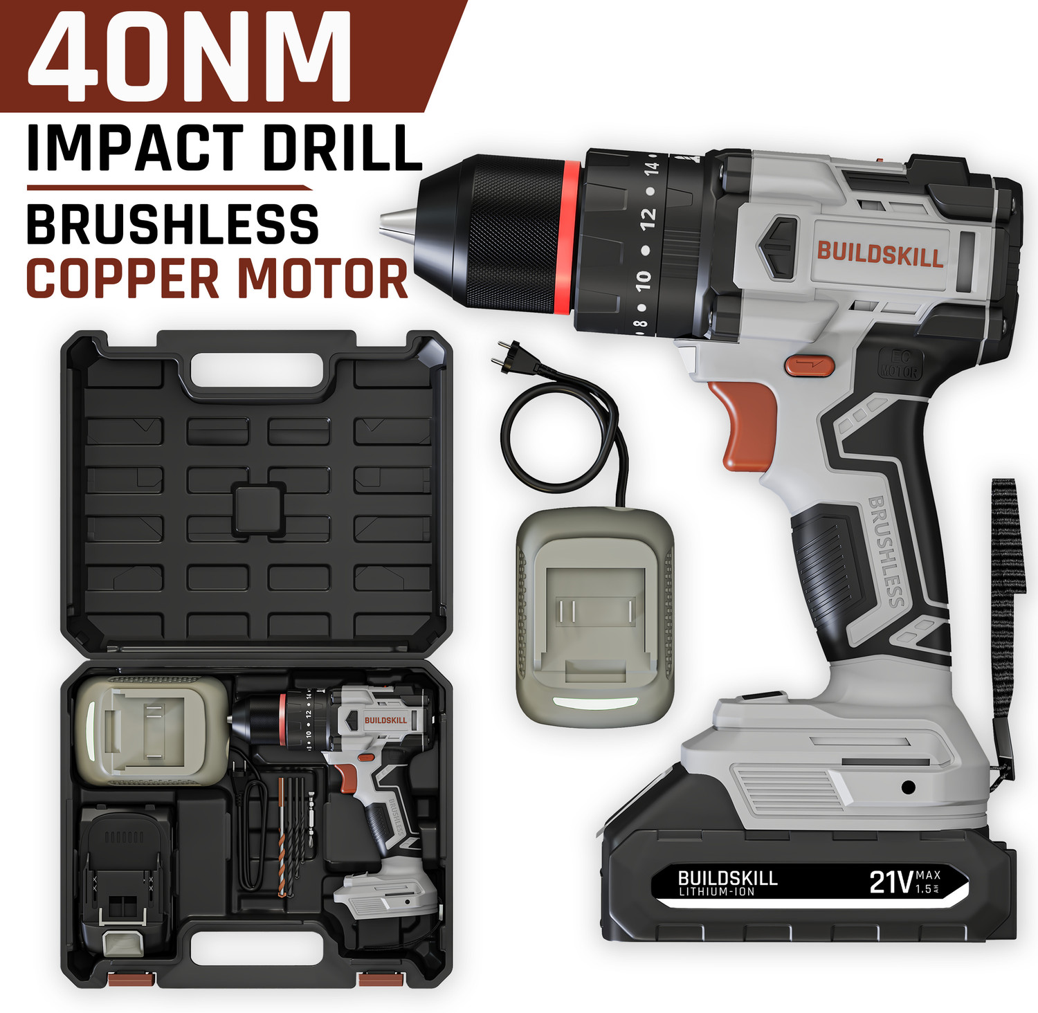 Image of BUILDSKILL 21V Brushless Cordless Impact Drill Machine | 40NM Torque | 2-Speed 400 /1400 RPM BCD21VBLBMC Cordless Drill
