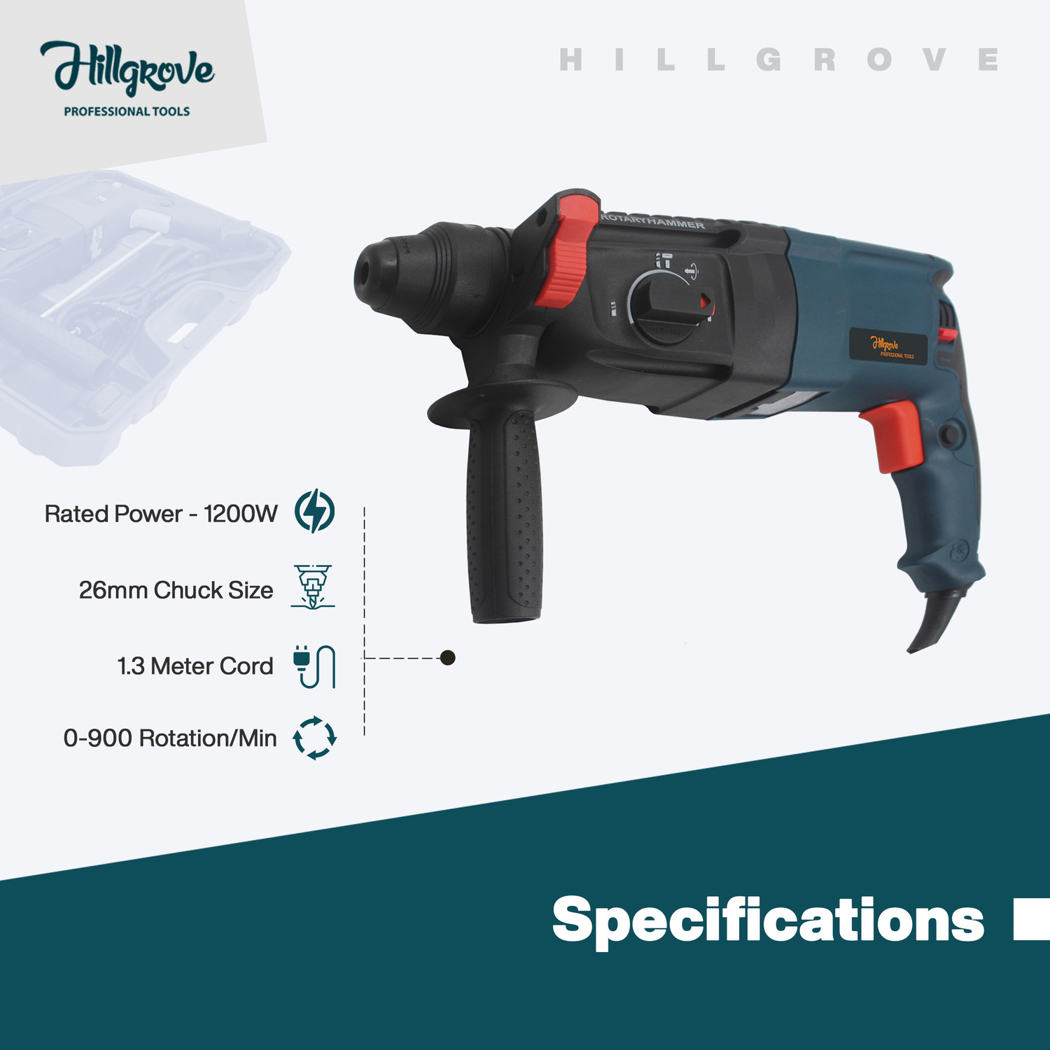 Image of Hillgrove HGCM1365M1 1200W 100% Copper Winding 26mm Rotary Hammer Impact Gun Chipping HGCM1365M1 Hammering Drilling Breaker Drill Machine Kit Set with Angle Grinder Rotary Hammer Drill