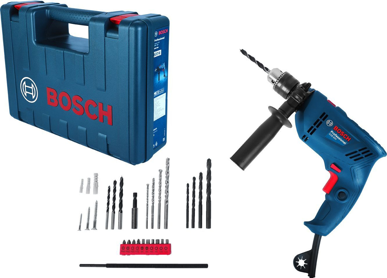 Image of BOSCH GSB 600 Corded Electric Impact Drill with Wrapset, 600 Watt, Pistol Grip Drill