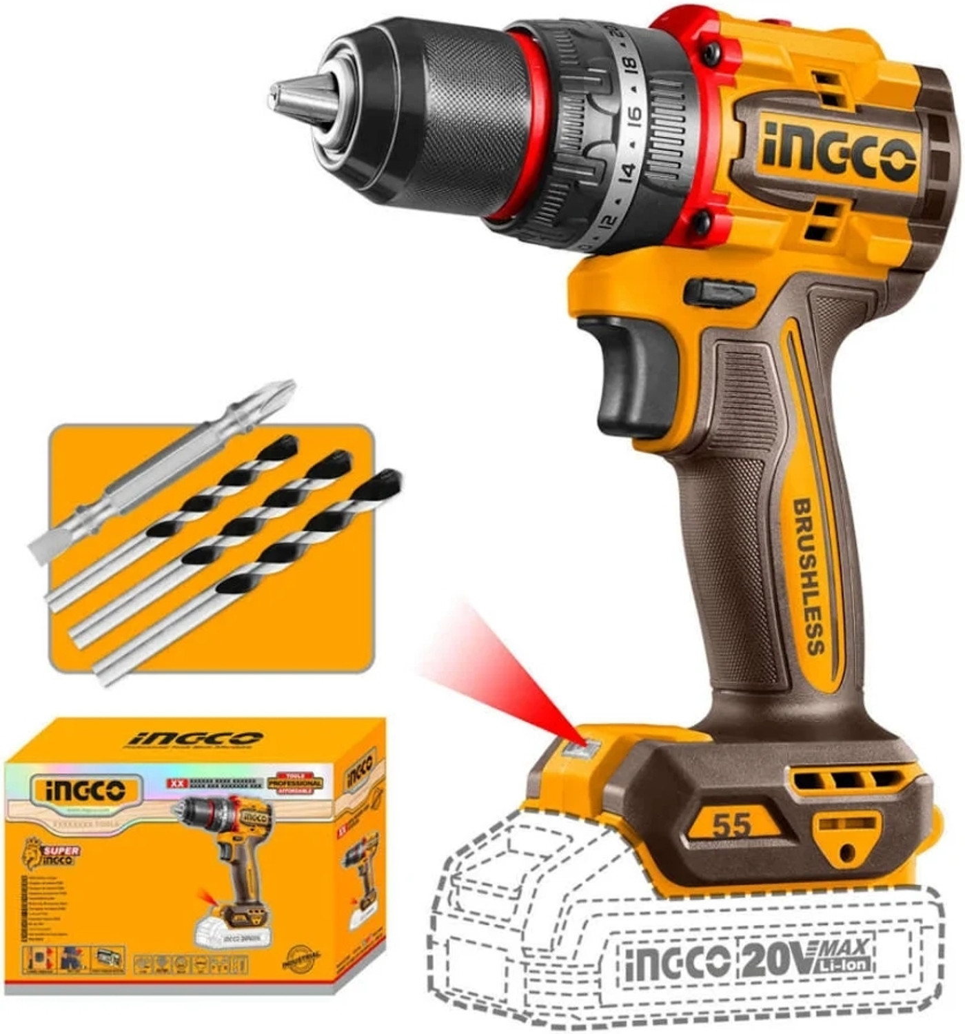 Image of INGCO 13mm 20V Compact Brushless Cordless Metal Chuck Drill With Cr-V Bits 0-500 /0-2000 RPM without Battery and charger Cordless Drill