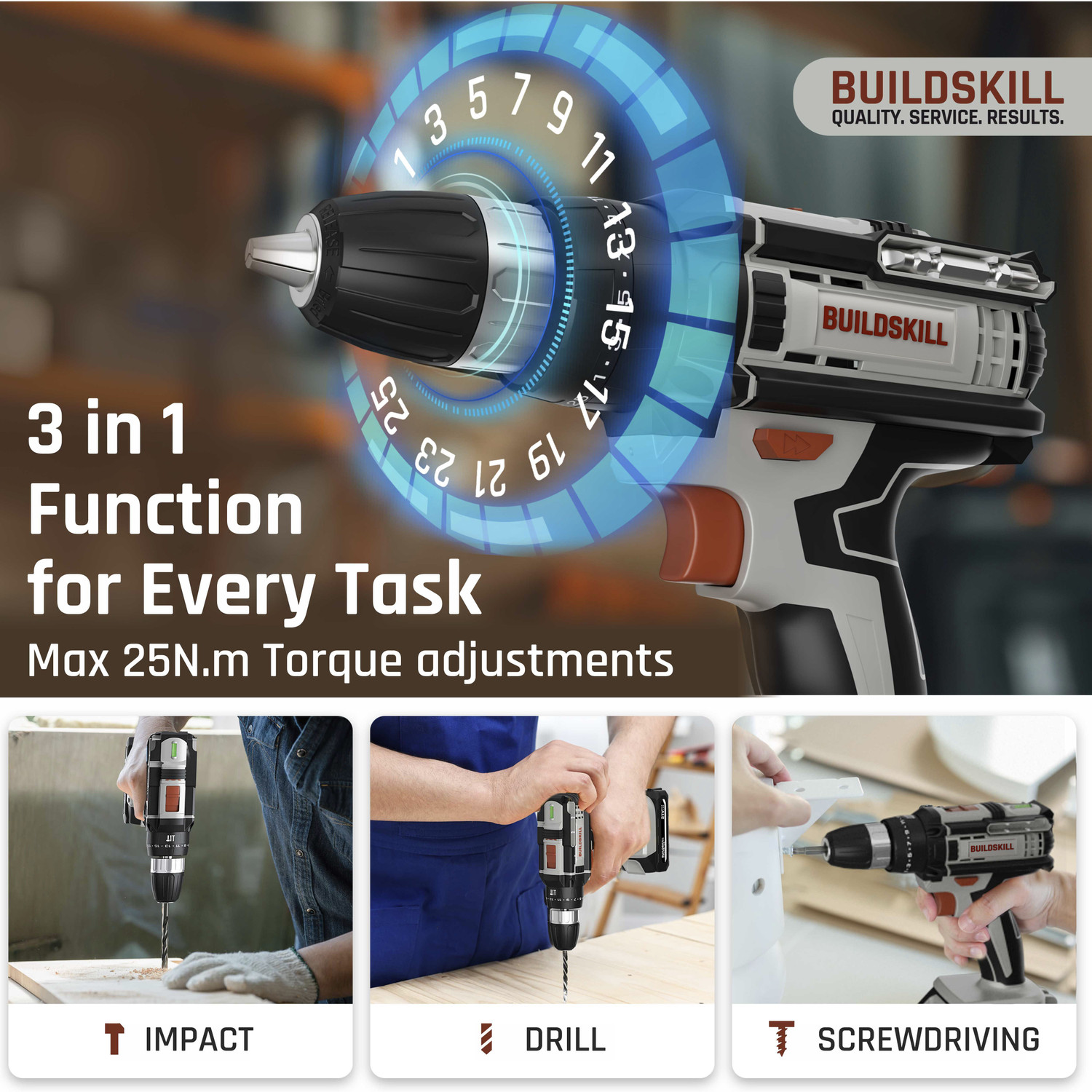 Image of BUILDSKILL 21V Impact Cordless Drill Machine | 1 x 1.5 Ah Battery | 10mm Keyless Chuck BCD21115CB1 Cordless Drill