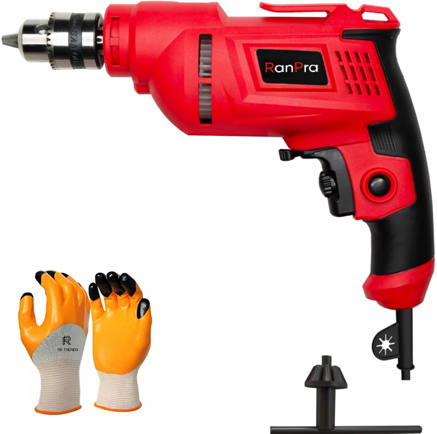 Image of RanPra 100% Copper Winding 10mm Drill Machine with 1 Pair of Safety Gloves Pistol Grip Drill
