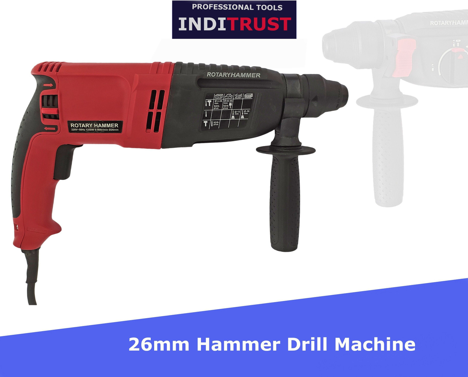 Image of Inditrust Heavy duty 6 Month Warranty 100% Copper Winding Heavy Duty 1600W Electric Hammer Machine with 5pc Hammer bit set Rotary Hammer Drill (26 mm Chuck Size, 1600 W)