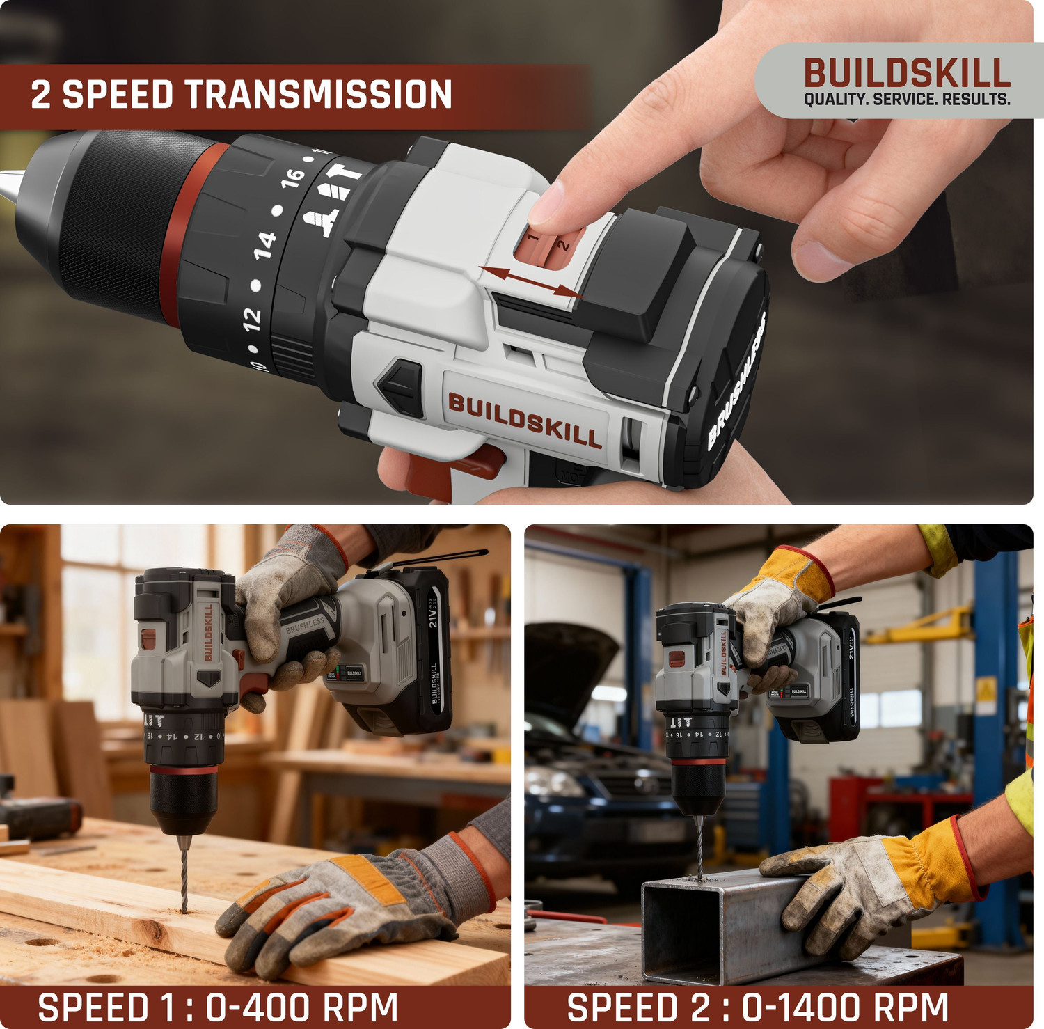 Image of BUILDSKILL 21V Brushless Cordless Impact Drill Machine | 40NM Torque | 2-Speed 400 /1400 RPM BCD21VBLBMC Cordless Drill