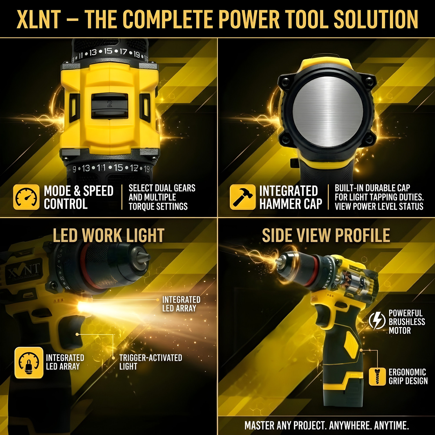 Image of XLNT 18V Brushless Cordless Drill Machine 18V Battery Fast Charger 0-1500 RPM | With Bits, Sockets & Case | LED Light Cordless Drill