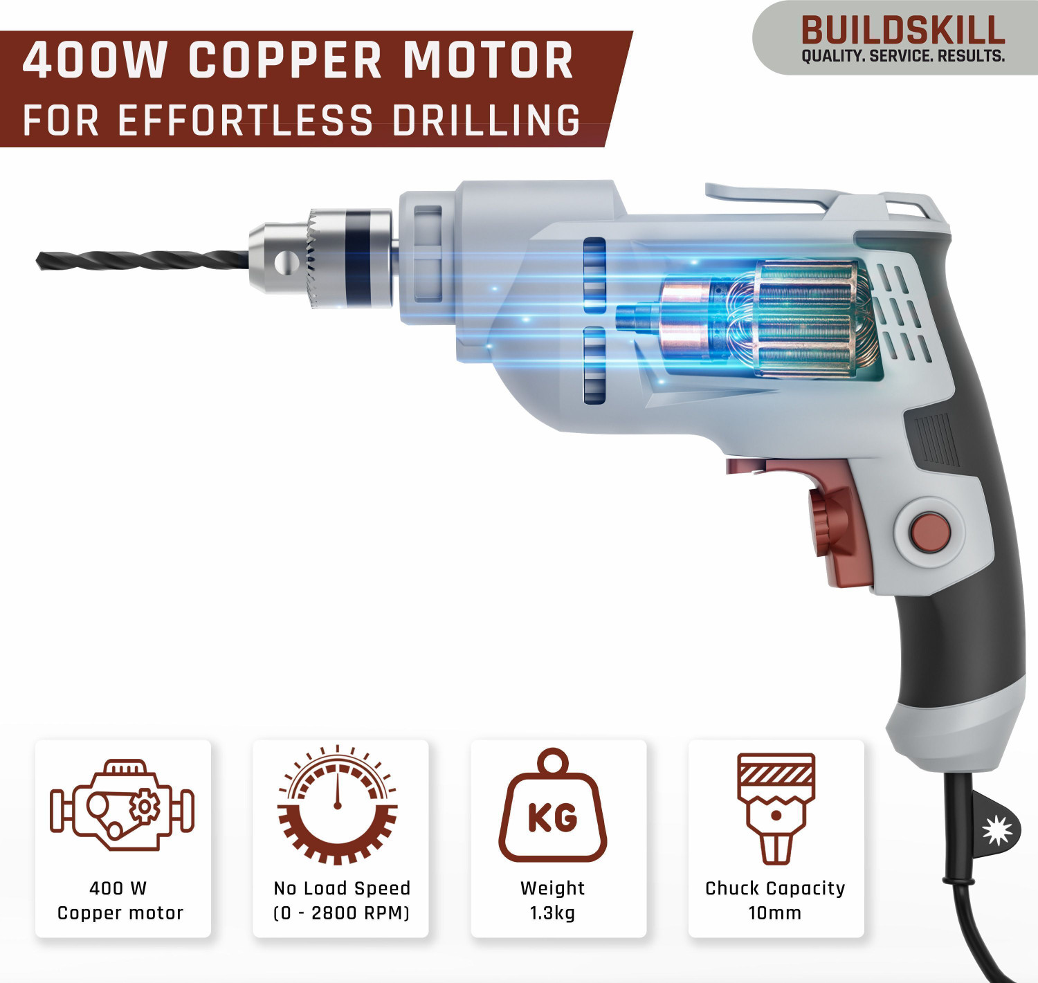 Image of BUILDSKILL 400W Electric Drill Machine | 2800RPM Variable Speed | Forward-Reverse | 7 Bits BED10400 Pistol Grip Drill