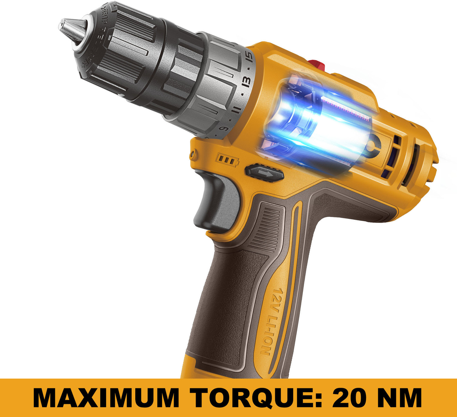 Image of INGCO 12V Cordless Drill Machine, 15+1, 20Nm, Variable Speed, LED, with 2pcs 1.5Ah Batteries and 1 Pcs Cr-V 65mm Bit, Cordless Drill (10 mm Chuck Size)