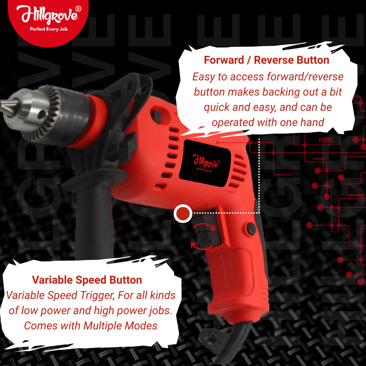 Image of Hillgrove HGCM1515M1 700W 13mm 100% Copper Winding Electric Mini Screw Drilling Wall Hole HGCM1515M1 Small Power Drill Machine Kit Set for Home Use with Reverse Function Pistol Grip Drill