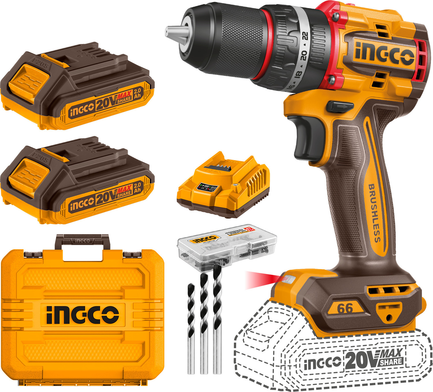 Image of INGCO (66 N.m, 2-Speed, 2x2.0Ah Batteries & Charger Included) CIDLI20668 20V Cordless Compact Brushless Impact Drill Driver Impact Driver