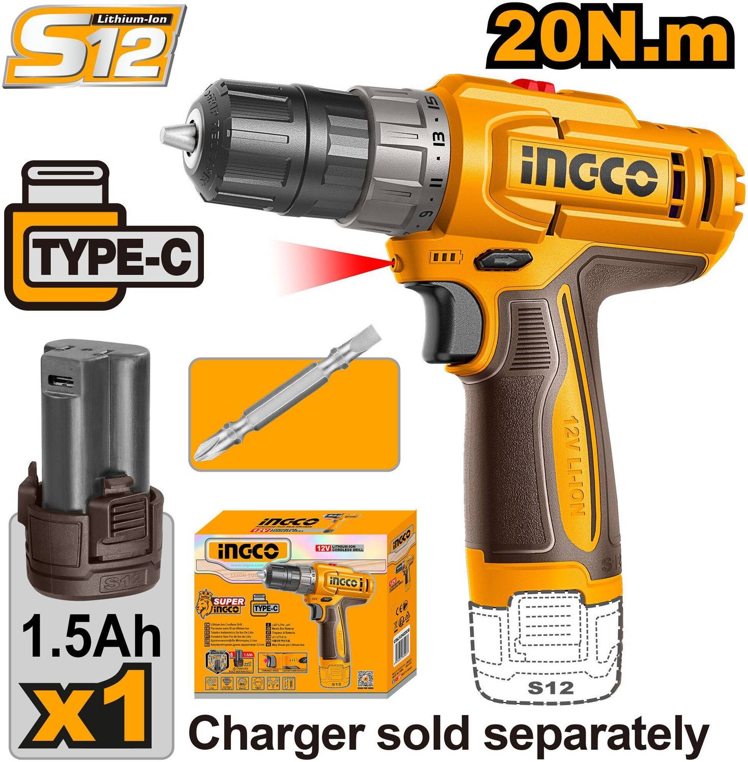 INGCO 12V Cordless Drill, 15+1, 20Nm, 1.5Ah Battery - Image 1