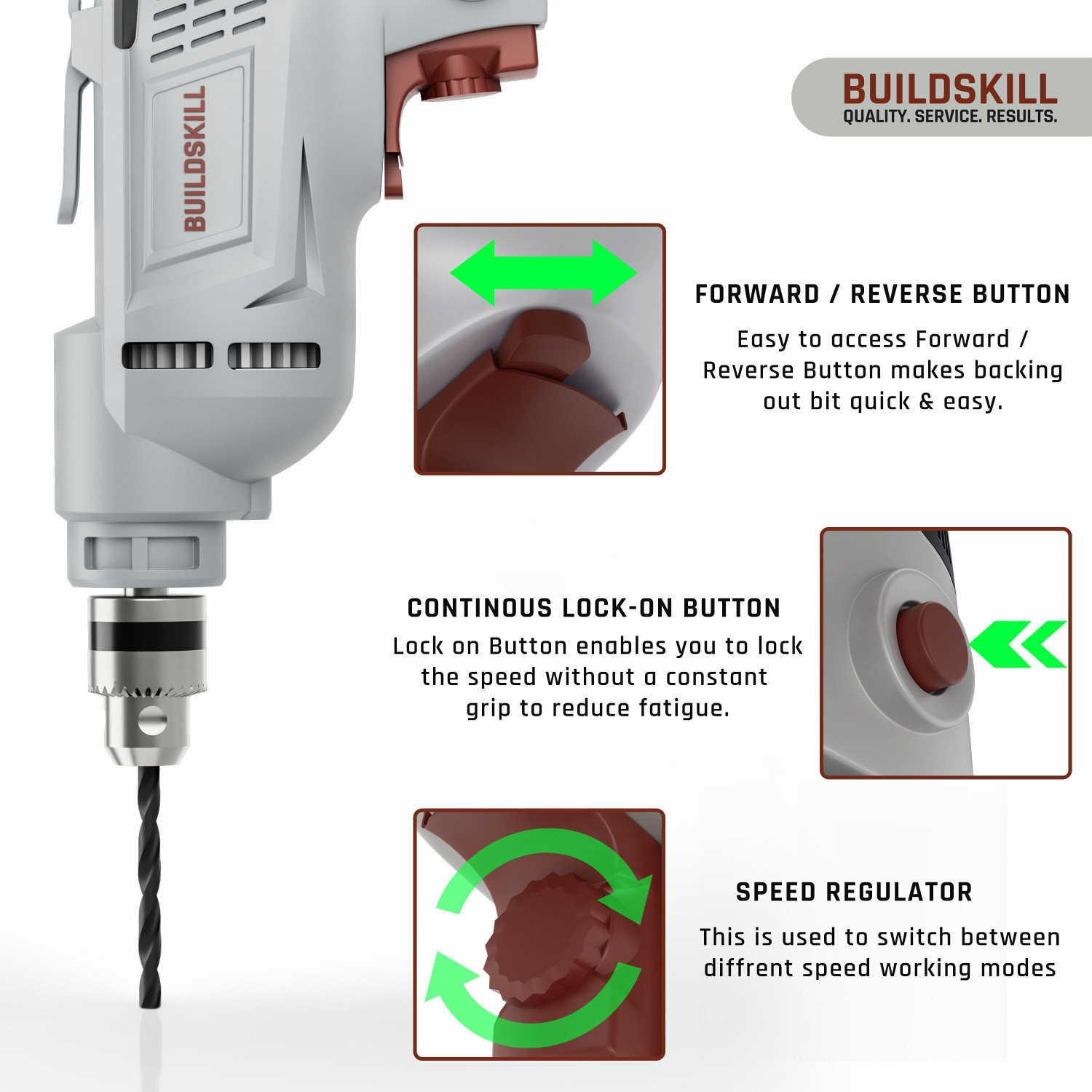 Image of BUILDSKILL 400W Electric Drill Machine | 2800RPM Variable Speed | Forward-Reverse | 7 Bits BED10400 Pistol Grip Drill