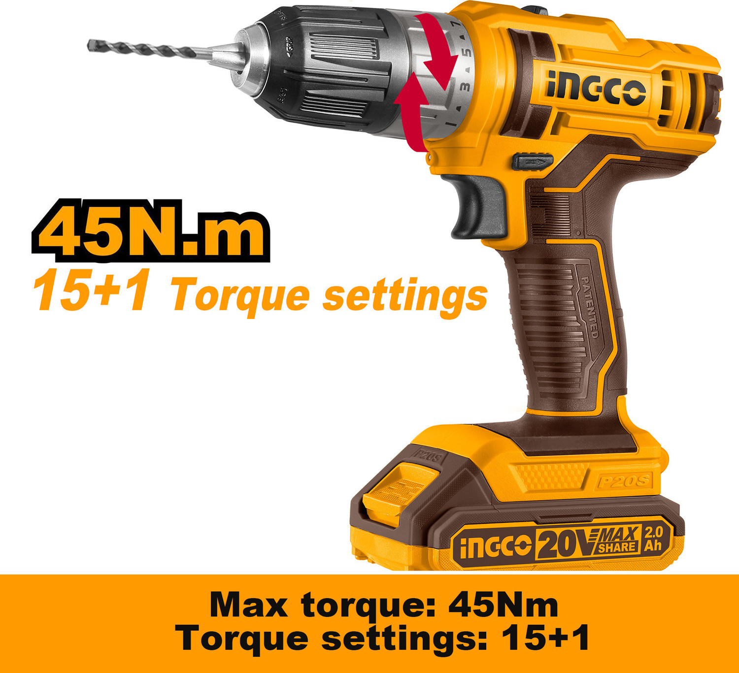 Image of INGCO Lithium-Ion Cordless Drill, 20V INGCO Power Tools, with 1pcs 2.0Ah Battery and Charger, Cordless Drill