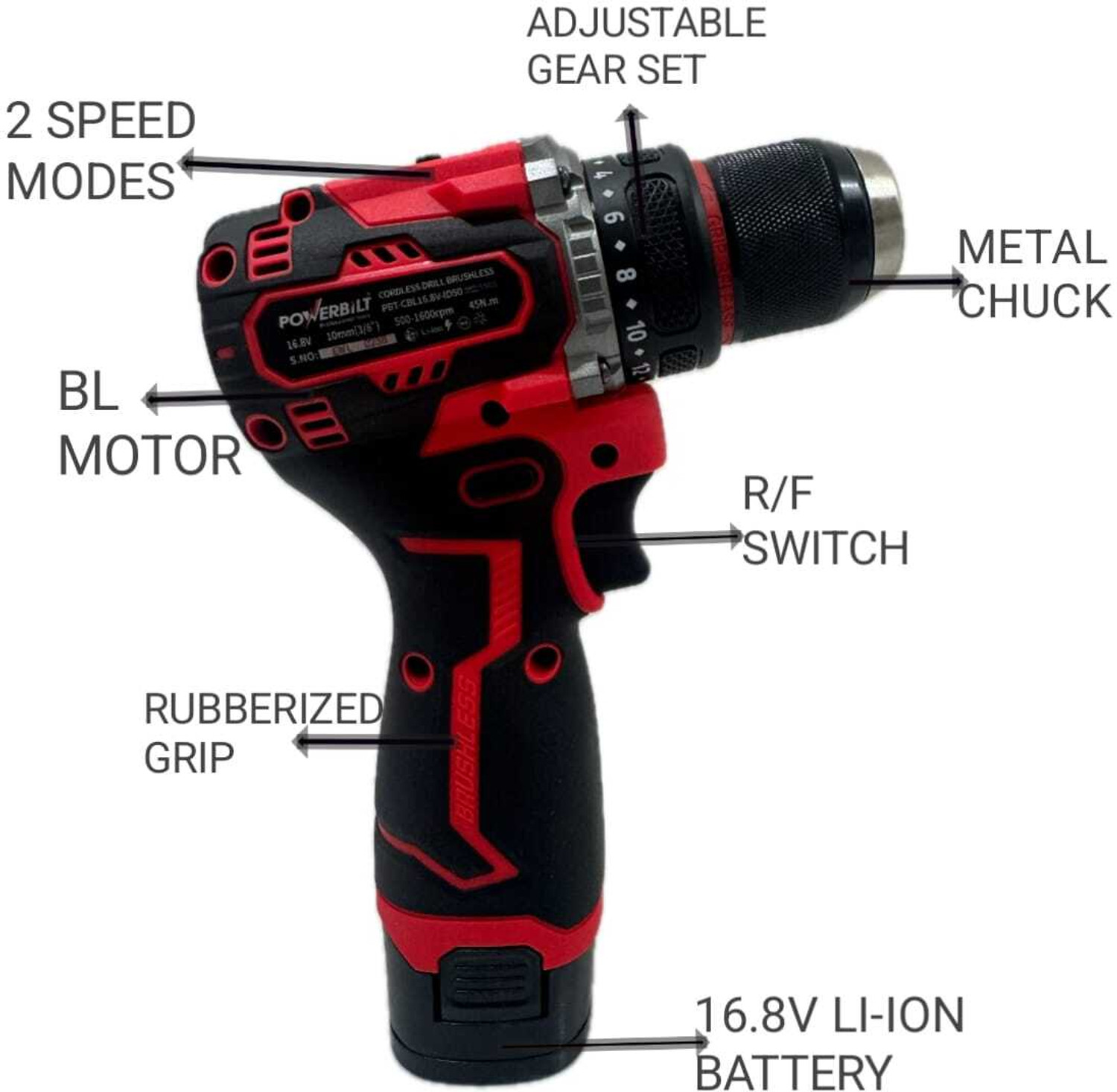 Image of PowerBilt CORDLESS BRUSHLESS DRILL 16.8V LI-ION BATTERY & CHARGER,45 NM MAX TORQUE Power & Hand Tool Kit