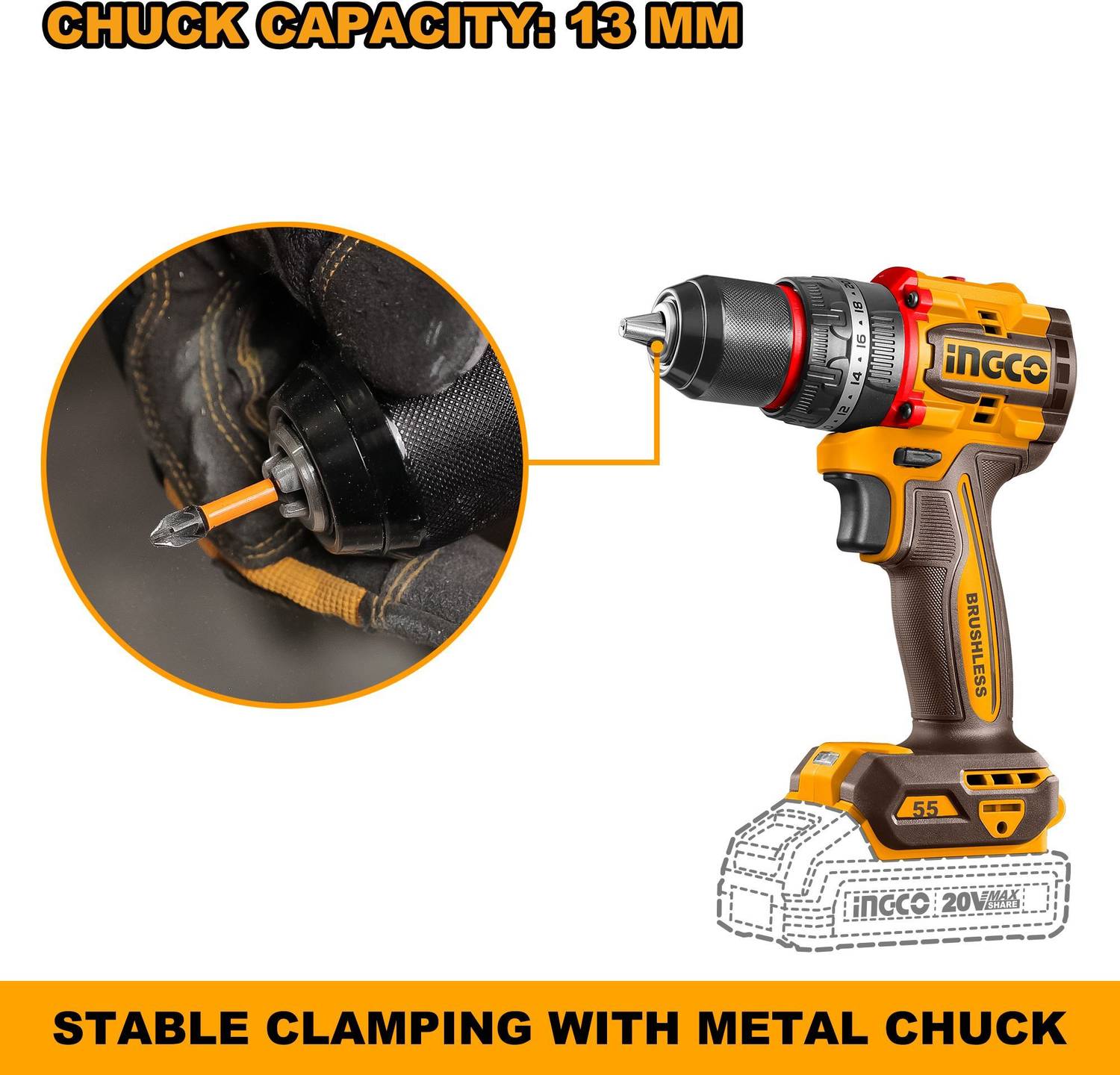 INGCO 20V Compact Brushless Cordless Impact Drill 55Nm, 13mm Chuck, - Image 5