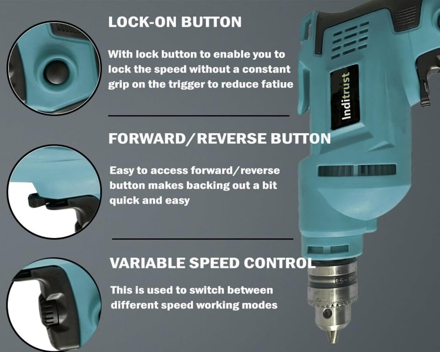 Image of Inditrust New 500W 10mm drill machine 6Month warranty, 100% Copper Winding Forward /Reverse 10mm drill machine for Wood & Metal Work with Variable Speed, 9pc Drill bit set Pistol Grip Drill