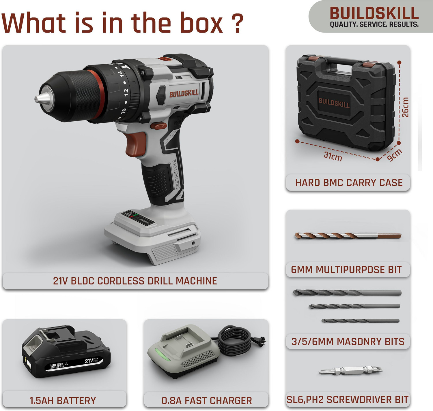 Image of BUILDSKILL 21V Brushless Cordless Impact Drill Machine | 40NM Torque | 2-Speed 400 /1400 RPM BCD21VBLBMC Cordless Drill