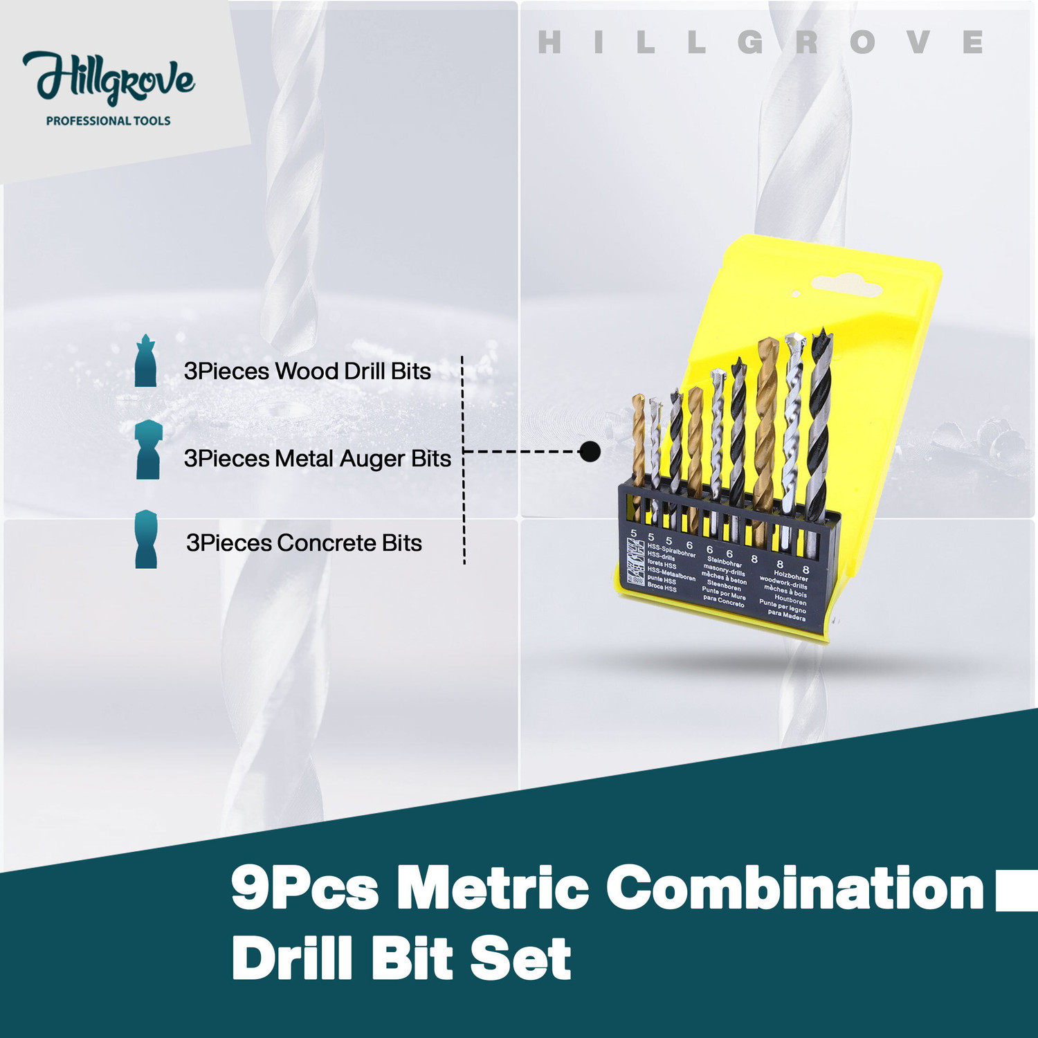Image of Hillgrove HGCM1101M3 700W Drill Machine with 5Pcs Hand Tool Kit, 9Pcs Drill Bit Set for Making Holes in Metal /Wood /Concrete with Reverse Rotation HF0196 Pistol Grip Drill