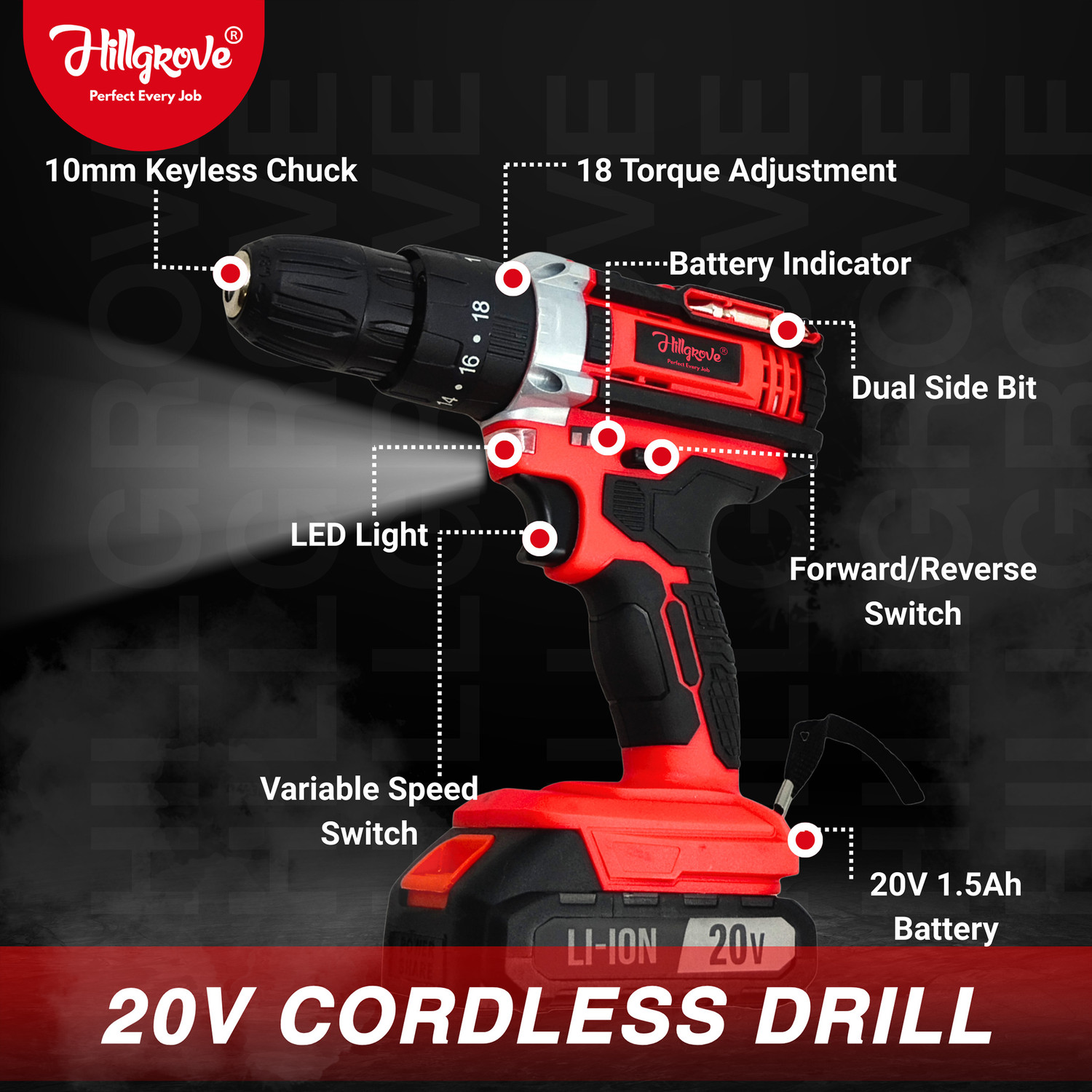 Image of Hillgrove HGCM1381M1 20V 10mm Electric Wireless Mini Cordless Charging Screw Drilling HGCM1381M1 Wall Hole Battery & Charger Power Drill Machine Kit Set for Home Use Cordless Drill
