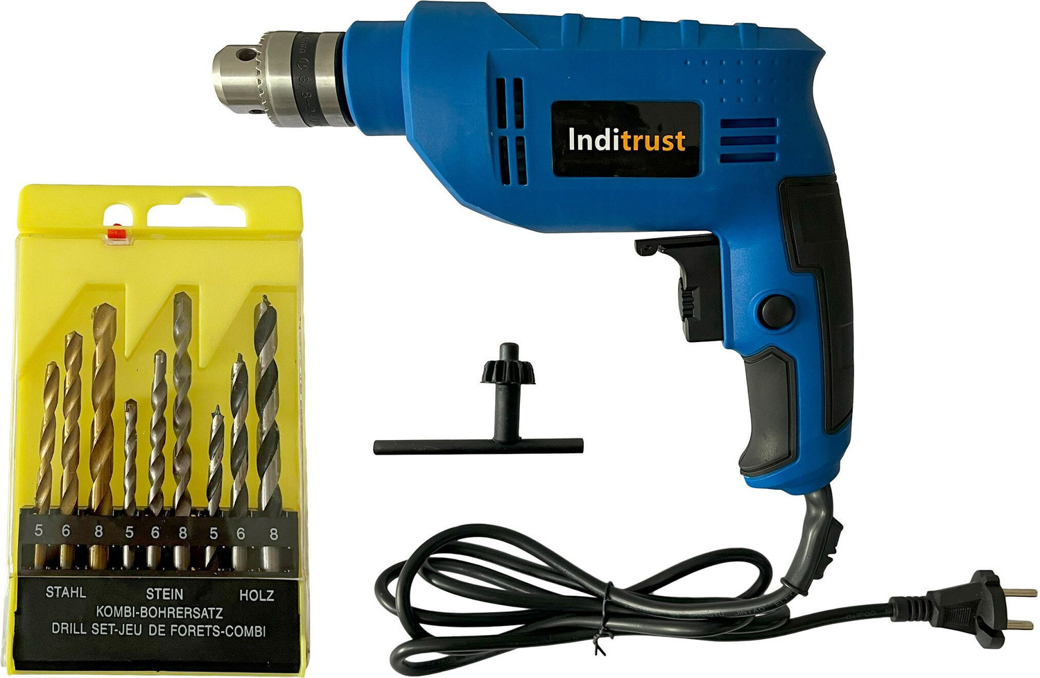 Image of Inditrust 400W Reversible Drill Machine 100% Copper Winding-6 Month Warranty with 9pc drill bits Set (3Wall,3 Wood and 3 Metal) Bits. Pistol Grip Drill