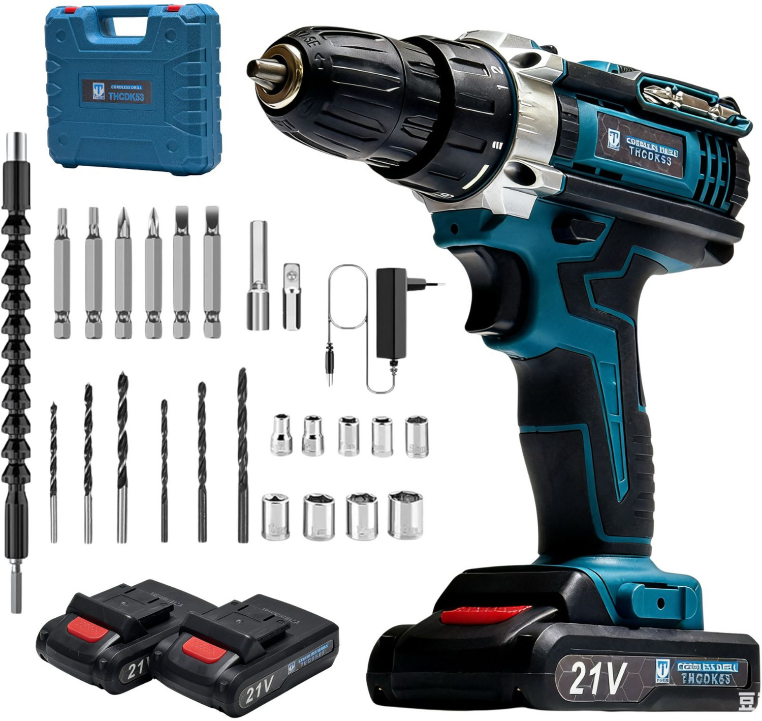 Image of thor 21V Cordless Drill Machine with ,2 Batteries ,1350 RPM ,Flexible Shaft Torque Adjustment | Screwdriver Bits Socket Set | Carrying Case Cordless Drill