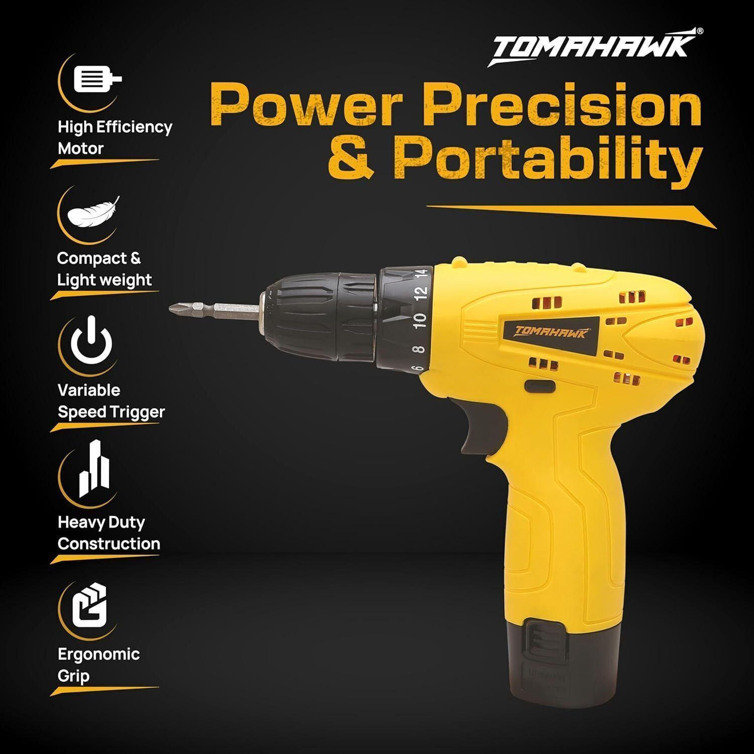 Image of Tomahawk Tomahawk| 600 RPM, 1.5Ah Battery | LED Light |Home, DIY, Wood & Metal| T-7386 Cordless Drill