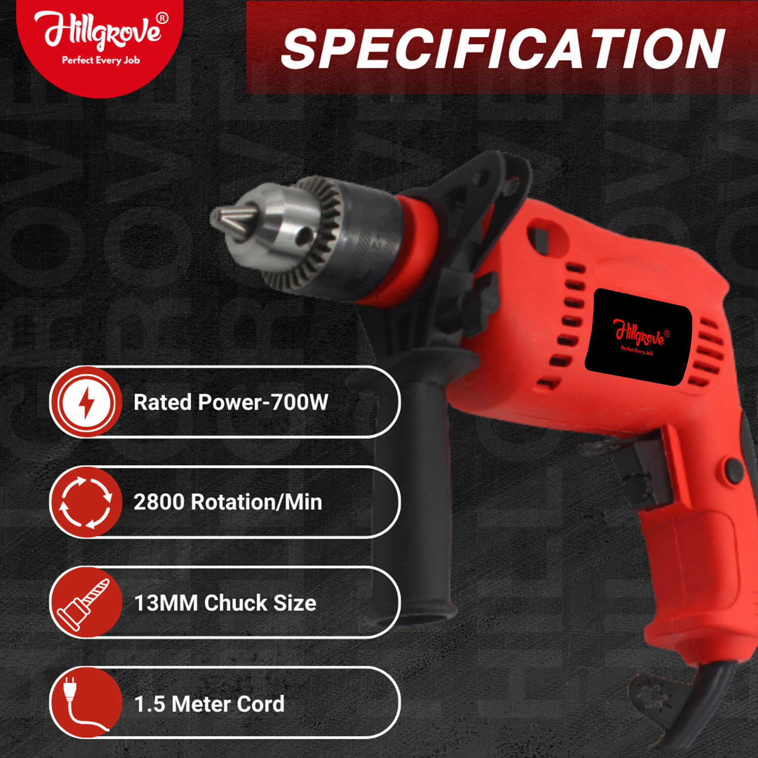 Image of Hillgrove HGCM1515M1 700W 13mm 100% Copper Winding Electric Mini Screw Drilling Wall Hole HGCM1515M1 Small Power Drill Machine Kit Set for Home Use with Reverse Function Pistol Grip Drill