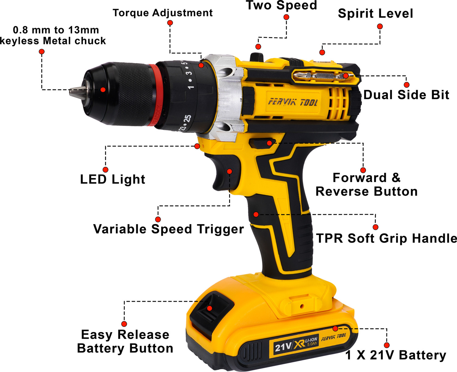 Image of FERVIK 21V Cordless Drill Machine | 10mm Keyless Metal Chuck | 2-Speed Power Tool F-2 METAL DRILL Cordless Drill