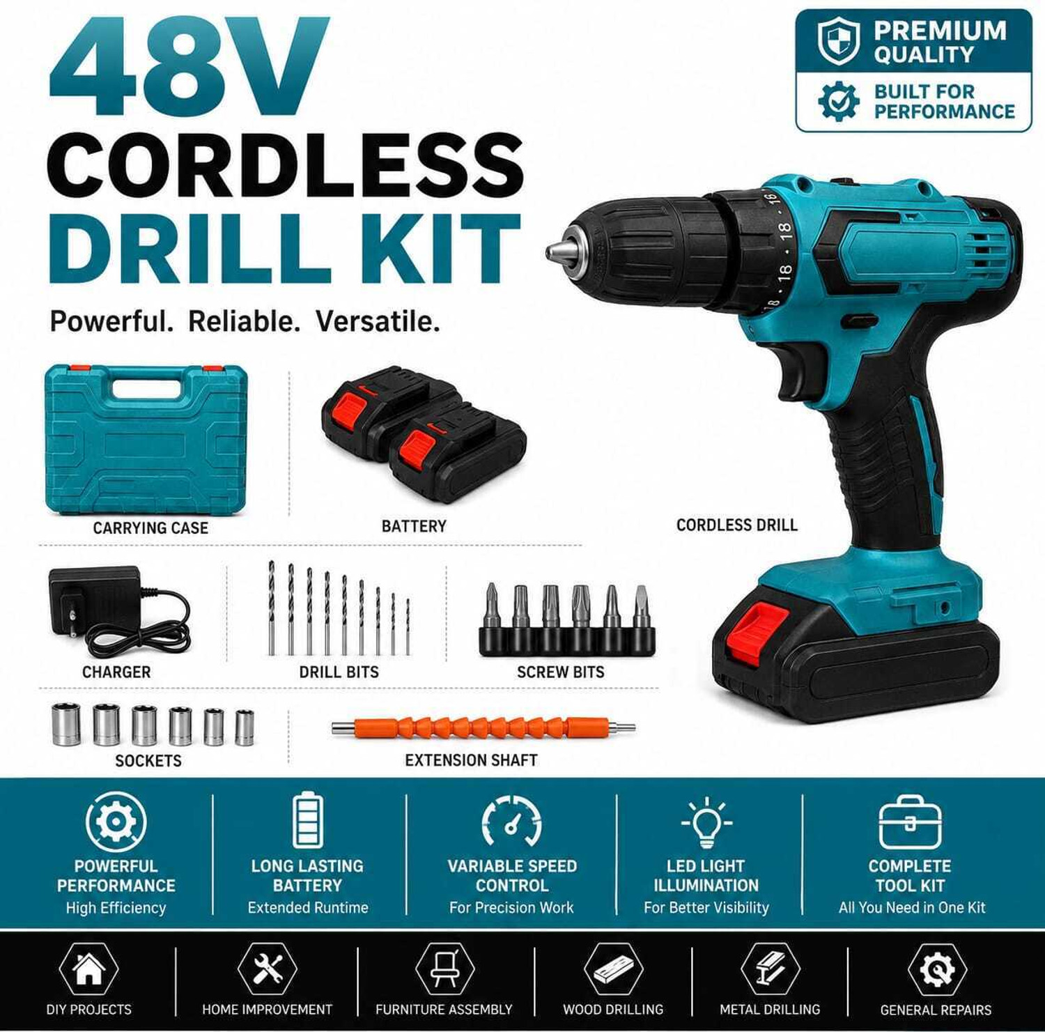 Image of PowerDrill 48V CORDLESS DRILL MACHINE WITH DRILL SET SET CORDLESS Cordless Drill