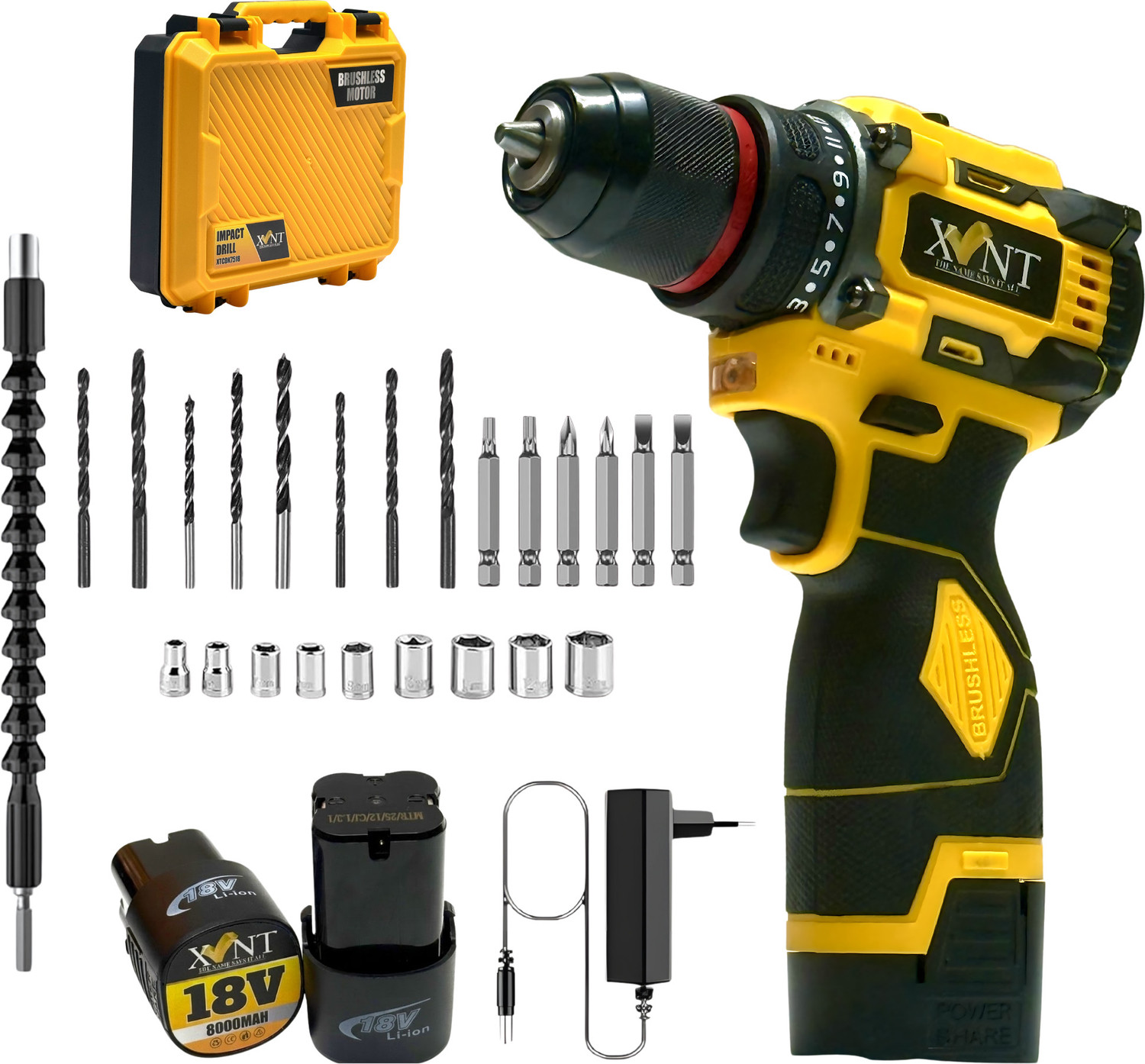 Image of XLNT 18V Brushless Cordless Drill Machine 18V Battery Fast Charger 0-1500 RPM | With Bits, Sockets & Case | LED Light Cordless Drill