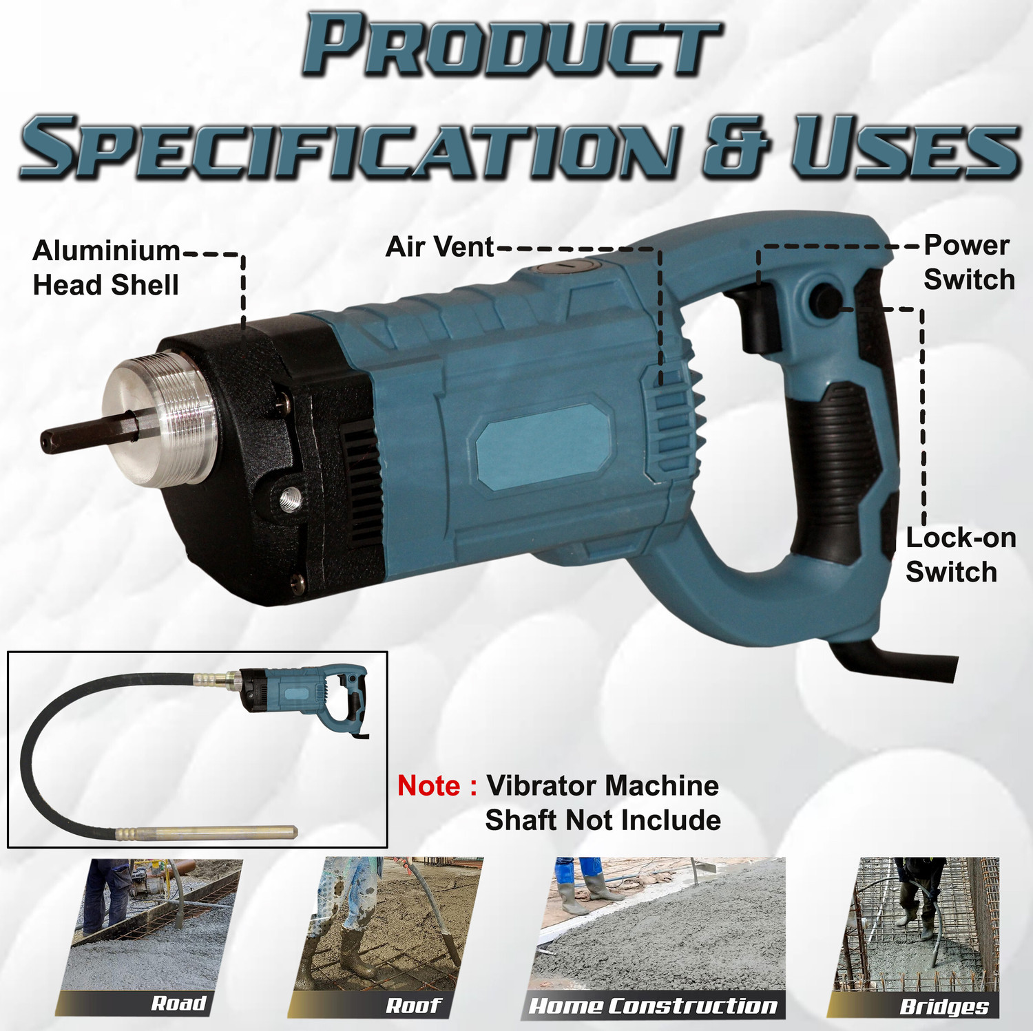 Image of Digital Craft Handheld Concrete Vibrator Electric Vibrating Tool Without (SHAFT ROD) 2000W,Angle Grinder With 10Pc Wheel Wood & Metal Cutting,8Inch Bolt Cutter Pistol Grip Drill