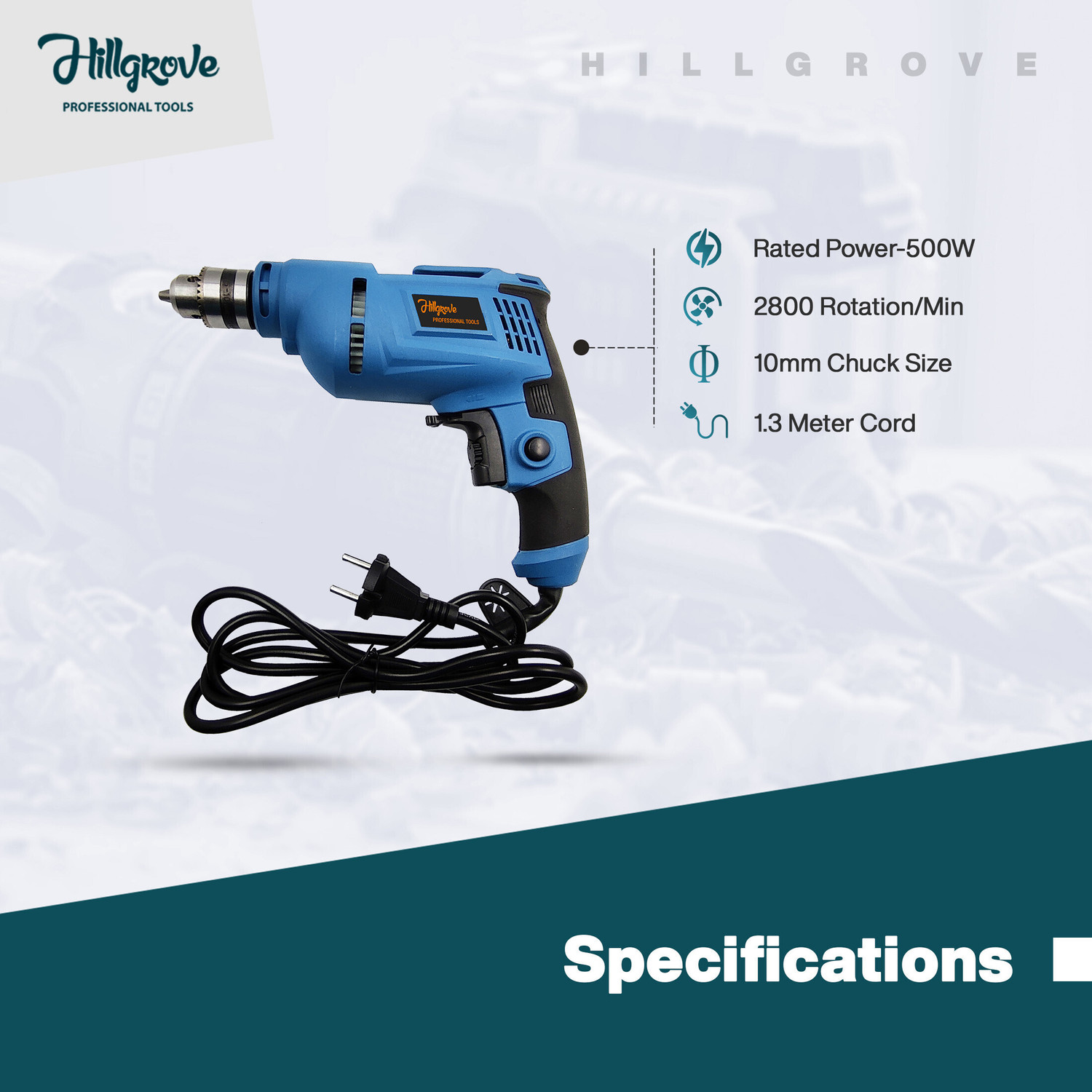 Image of Hillgrove HGCM1091M3 500W Power Drill Machine with 6Pcs Wood Working Hole Saw Drill Bits for Making Holes in Metal /Wood /Concrete HF0166 Pistol Grip Drill