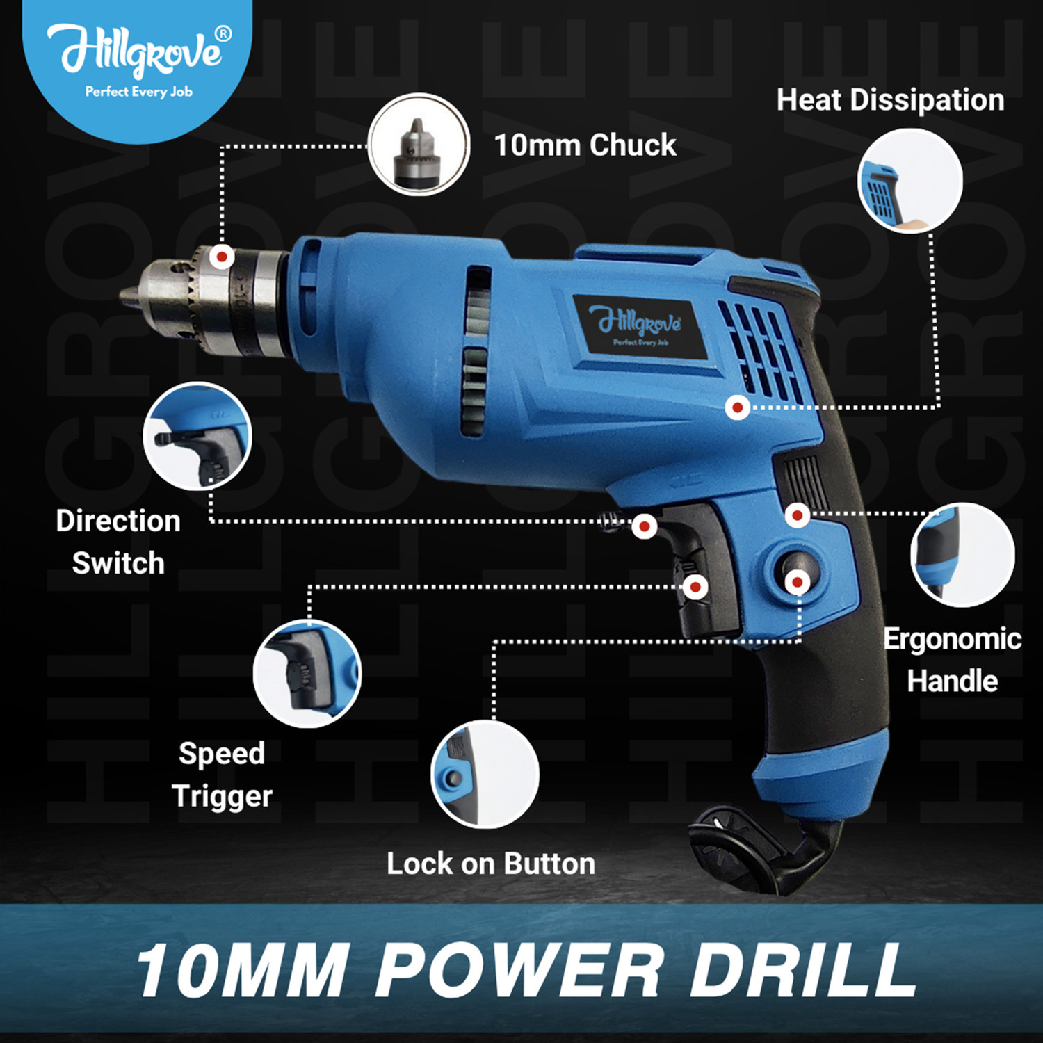 Image of Hillgrove HGCM1662M2 500W 10mm 100% Copper Winding Electric Mini Screw Drilling Wall Hole HGCM1662M2 Small Power Drill Machine Kit Set for Home Use with Reverse Function Pistol Grip Drill