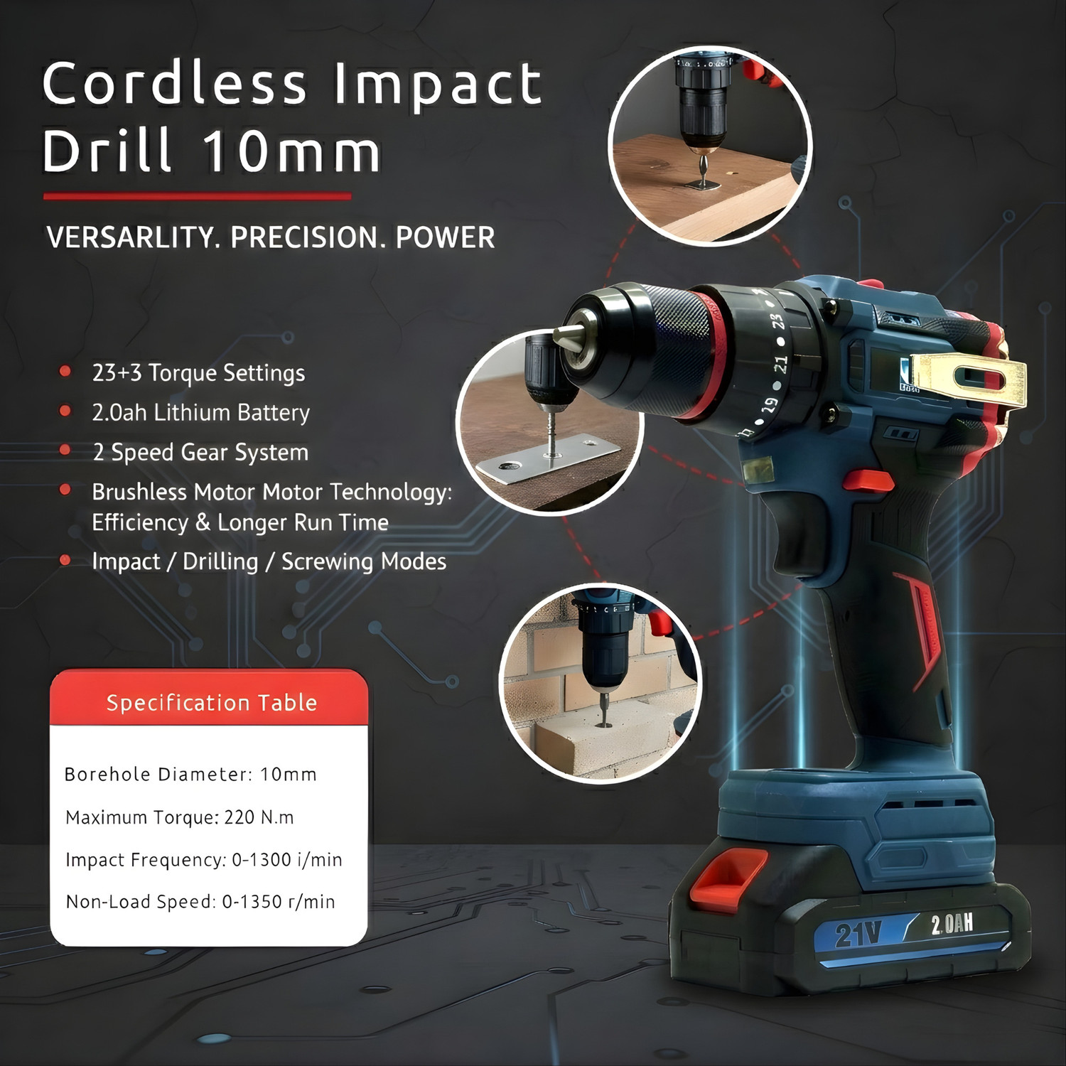 Image of thor 21V Cordless Impact Drill, 2.0Ah THCDK1508 Cordless Drill