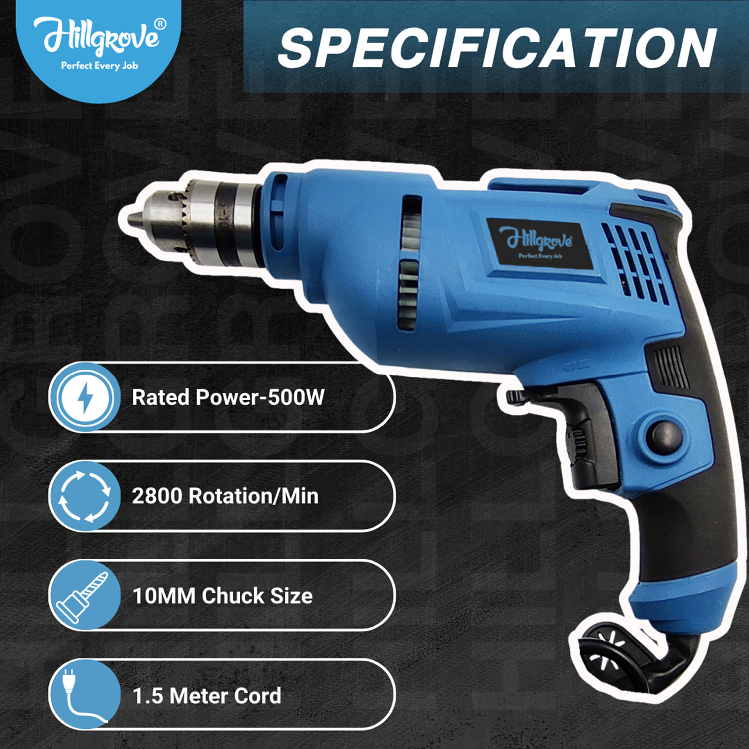 Image of Hillgrove HGCM1662M2 500W 10mm 100% Copper Winding Electric Mini Screw Drilling Wall Hole HGCM1662M2 Small Power Drill Machine Kit Set for Home Use with Reverse Function Pistol Grip Drill