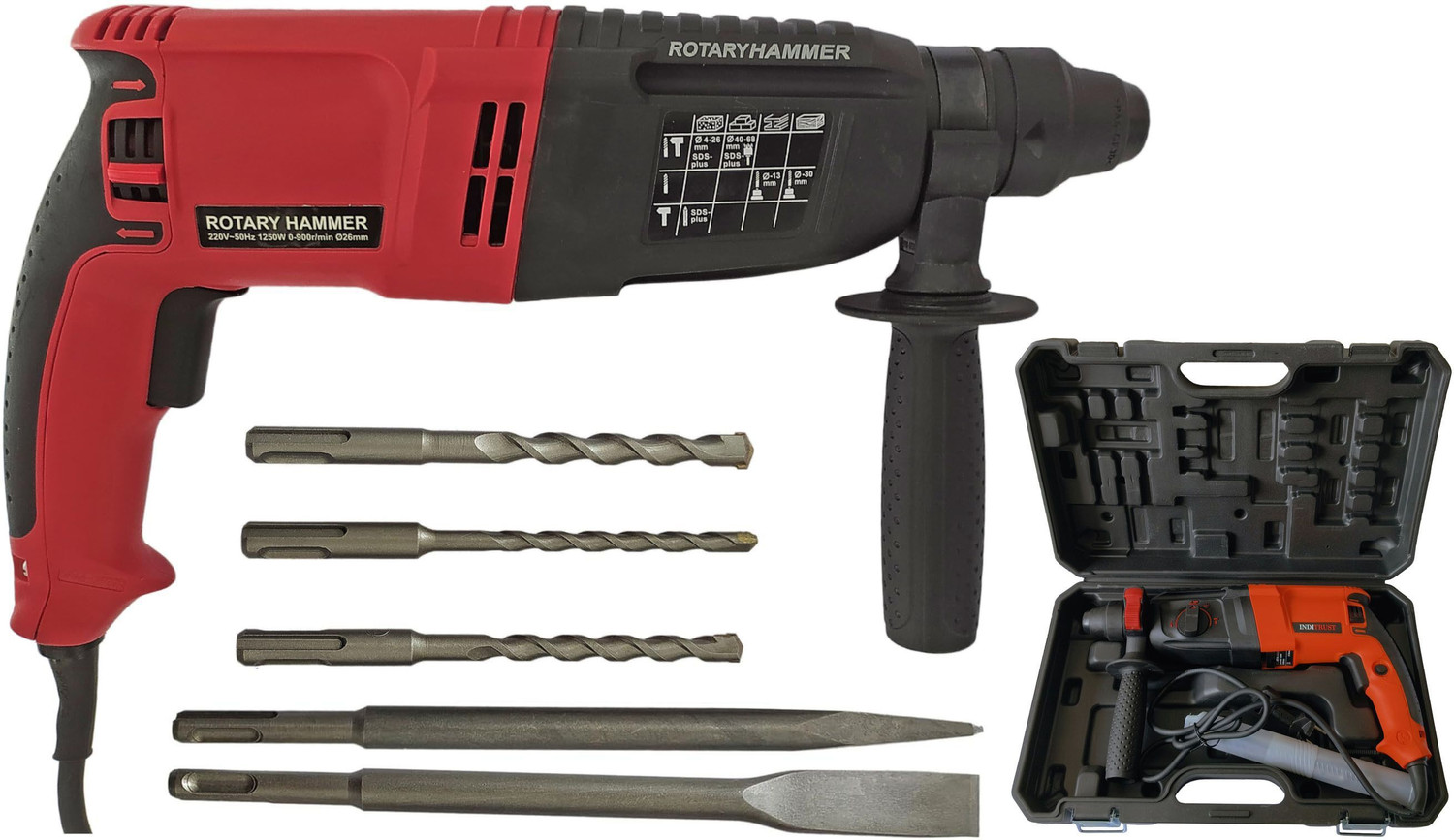 Inditrust 6-Month Warranty 1600w 100% Copper Winding Heavy duty 26mm Electric Reversible Rotary Hammer Machine with 5pc Bit set Pistol Grip Drill