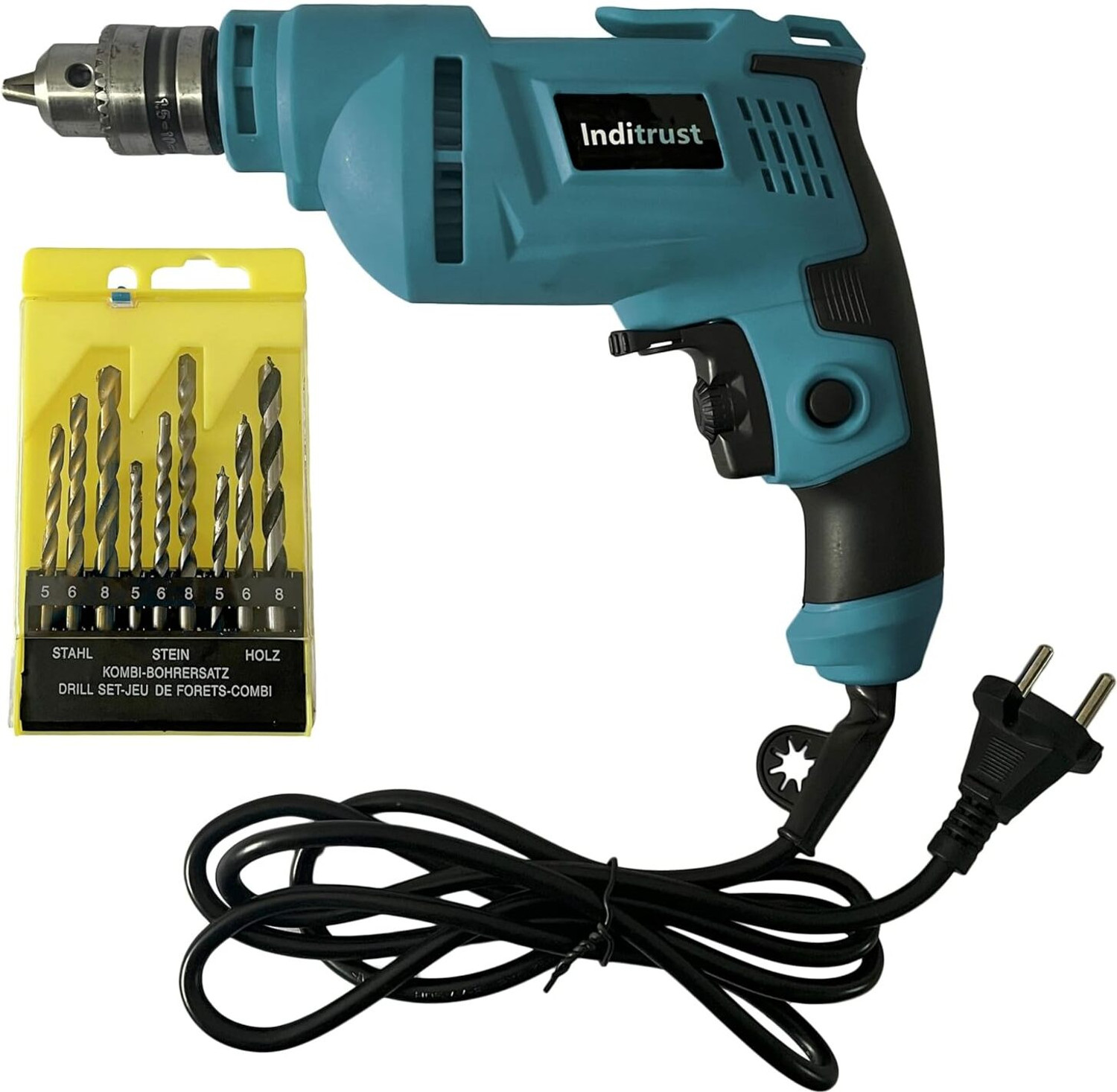 Image of Inditrust New 500W 10mm drill machine 6Month warranty, 100% Copper Winding Forward /Reverse 10mm drill machine for Wood & Metal Work with Variable Speed, 9pc Drill bit set Pistol Grip Drill
