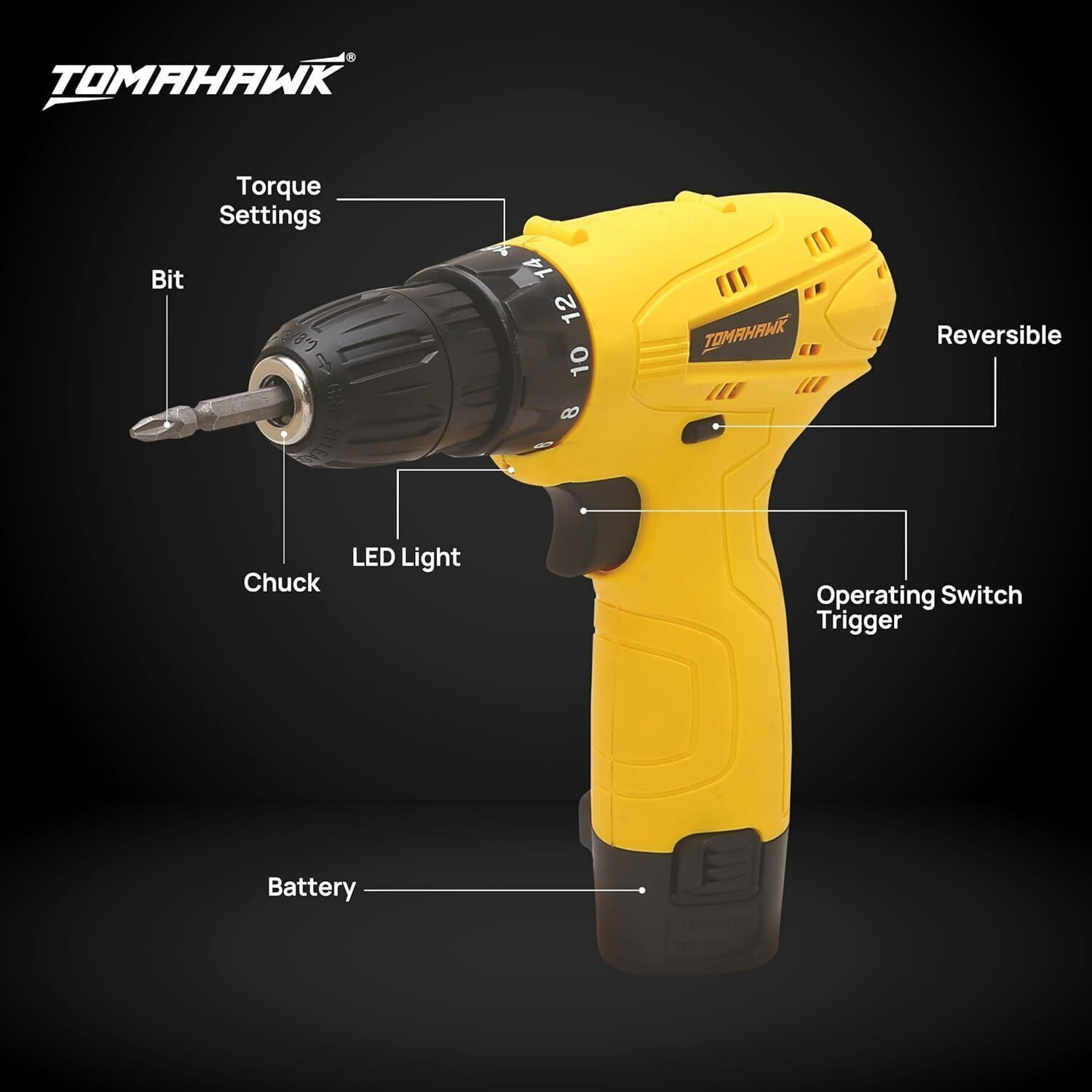 Image of Tomahawk Tomahawk| 600 RPM, 1.5Ah Battery | LED Light |Home, DIY, Wood & Metal| T-7386 Cordless Drill