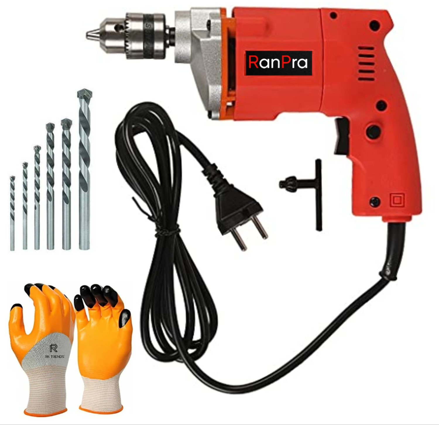 Image of RanPra 100% COPPER ARMATURE 10 MM DRILL MACHINE | 5PCS DRILL BIT SET| SAFETY GLOVES Pistol Grip Drill