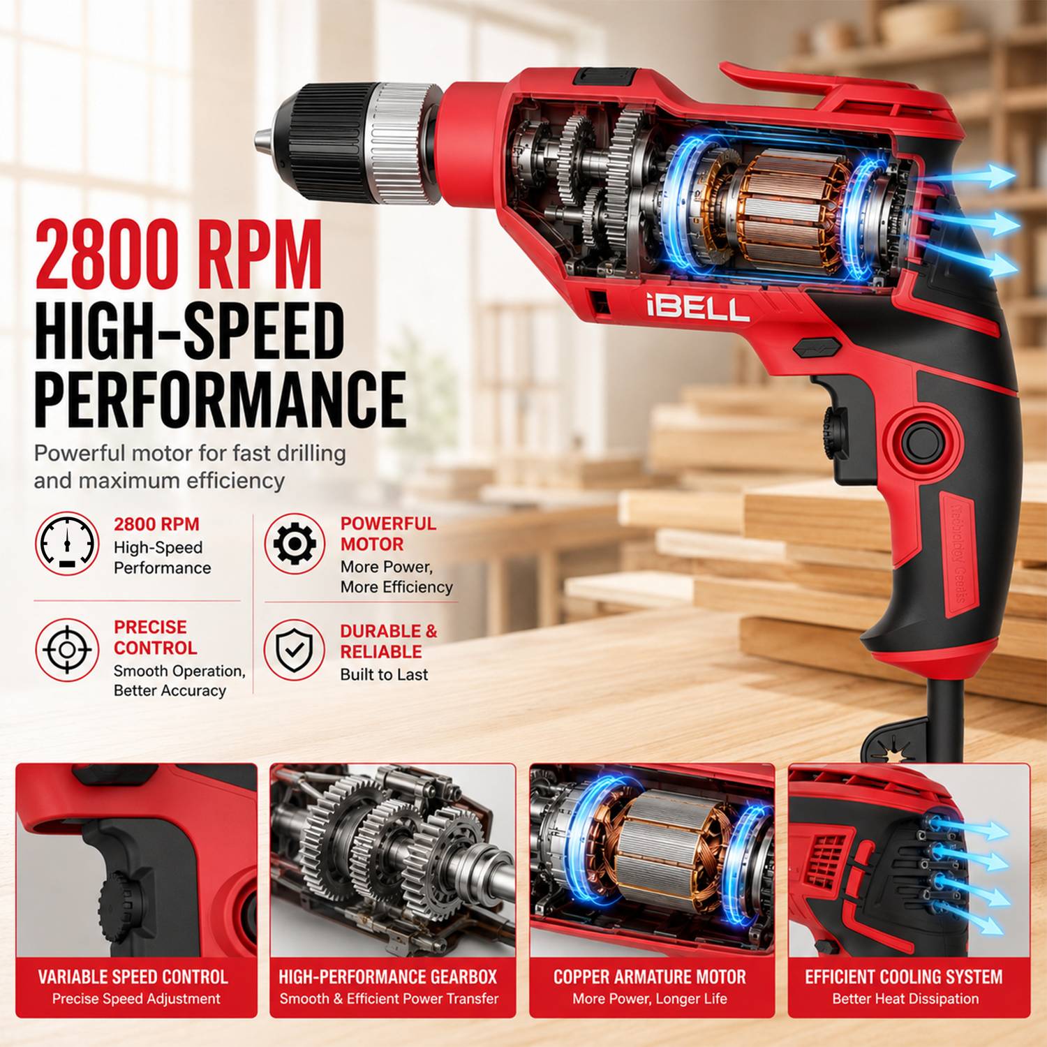 iBELL Impact Drill ID13-80, 650W, 13mm - Image 2