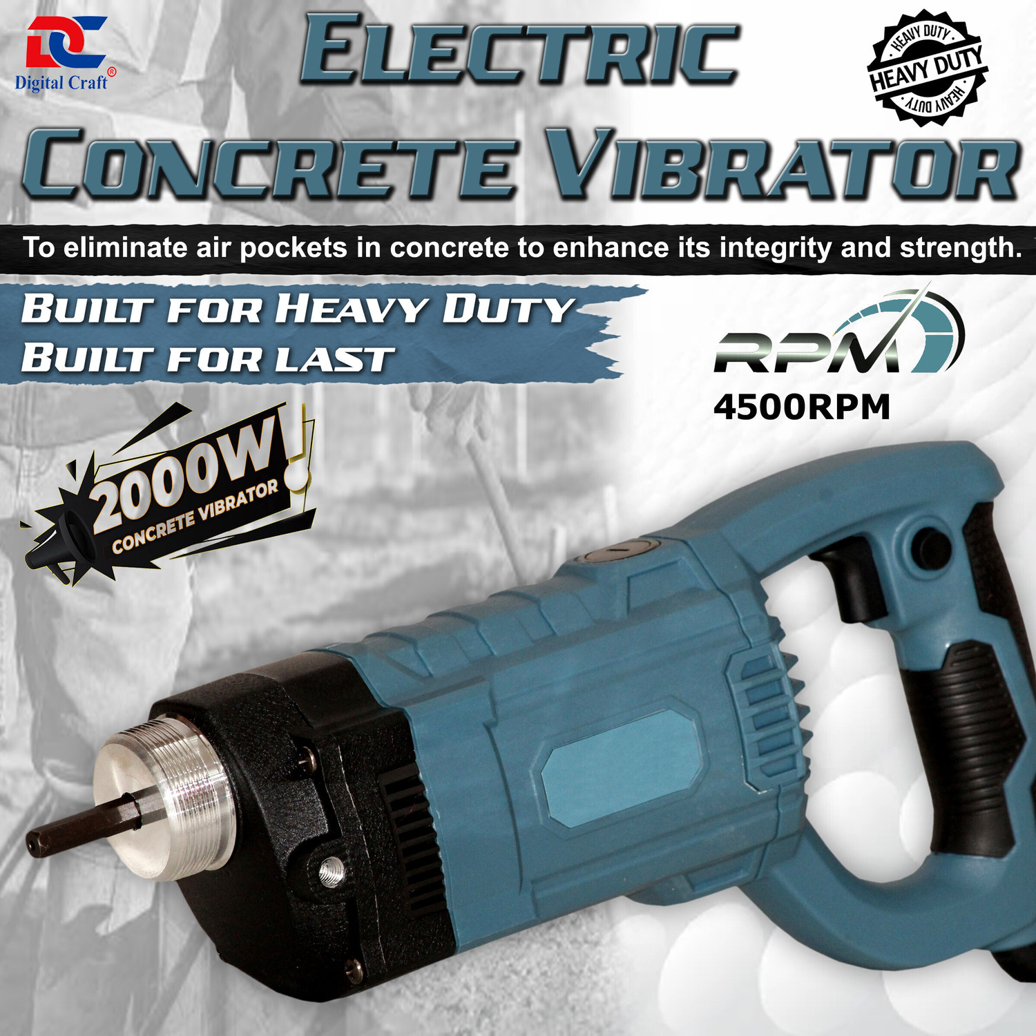 Image of Digital Craft Handheld Concrete Vibrator Electric Vibrating Tool Without (SHAFT ROD) 2000W,Angle Grinder With 10Pc Wheel Wood & Metal Cutting,8Inch Bolt Cutter Pistol Grip Drill